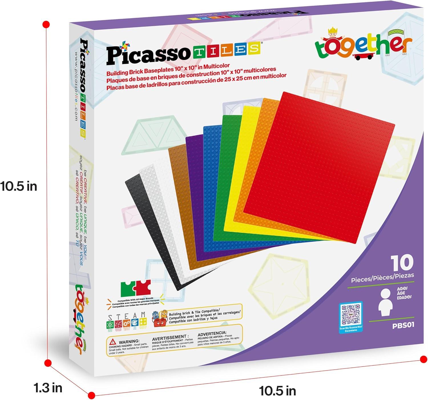 imagePicassoTiles 200 Piece Large Construction Brick Building Blocks STEM Bricks Toy Set Creative Learning Early Education Playset 5 Colors 4 Unique Shapes Mix ampamp Match Toys for Kids Boys Girls Child Age 3Brick Baseplate 10 Pack 10x10