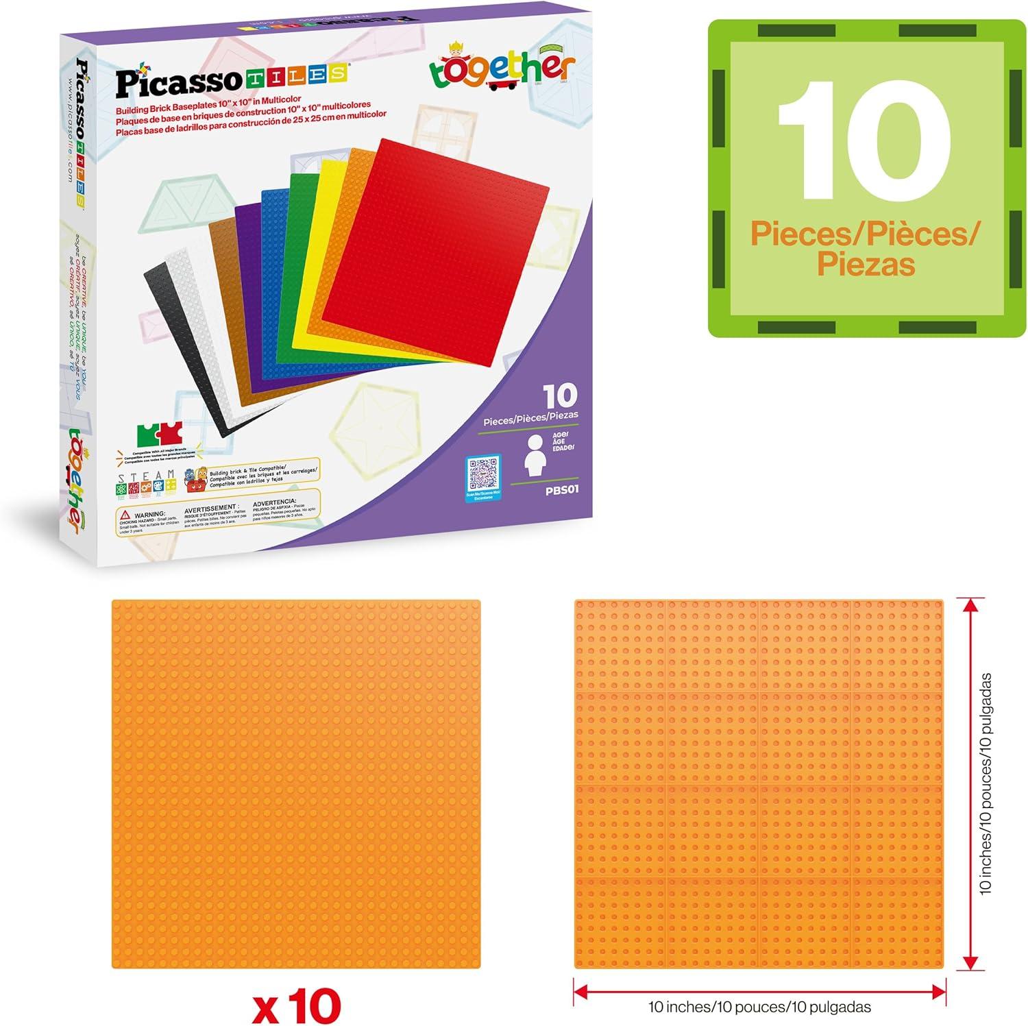 imagePicassoTiles 200 Piece Large Construction Brick Building Blocks STEM Bricks Toy Set Creative Learning Early Education Playset 5 Colors 4 Unique Shapes Mix ampamp Match Toys for Kids Boys Girls Child Age 3Brick Baseplate 10 Pack 10x10