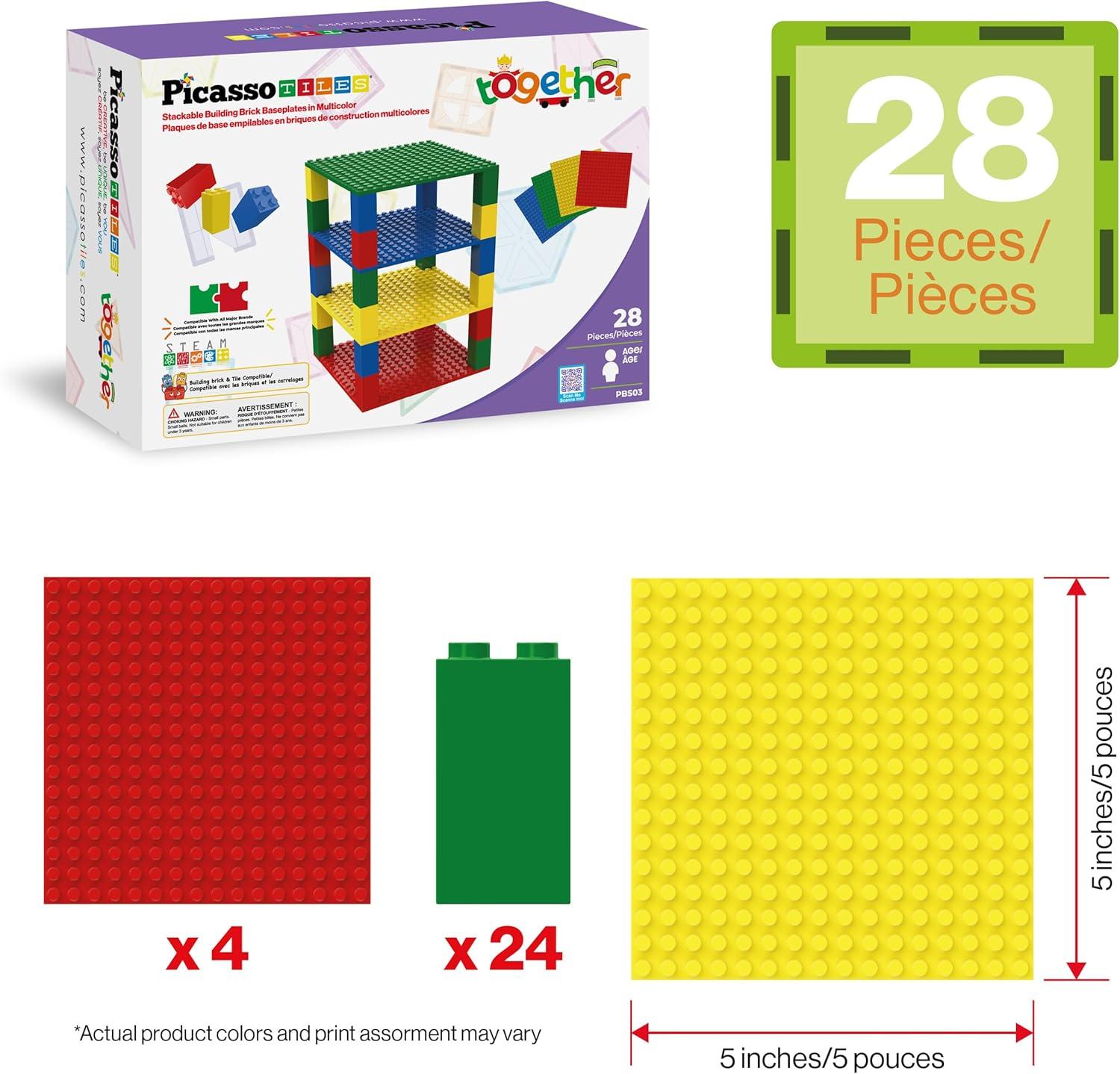 imagePicassoTiles 200 Piece Large Construction Brick Building Blocks STEM Bricks Toy Set Creative Learning Early Education Playset 5 Colors 4 Unique Shapes Mix ampamp Match Toys for Kids Boys Girls Child Age 3Classic Brick 28pc