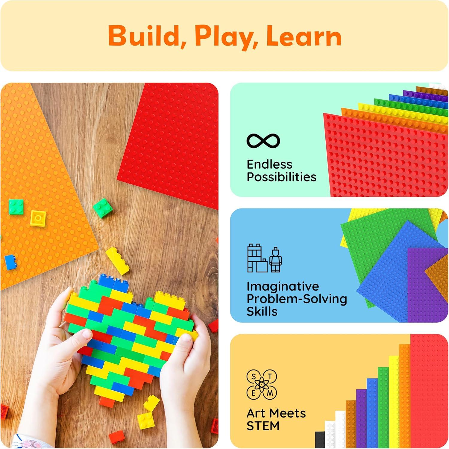 imagePicassoTiles 200 Piece Large Construction Brick Building Blocks STEM Bricks Toy Set Creative Learning Early Education Playset 5 Colors 4 Unique Shapes Mix ampamp Match Toys for Kids Boys Girls Child Age 3Brick Baseplate 10 Pack 10x10