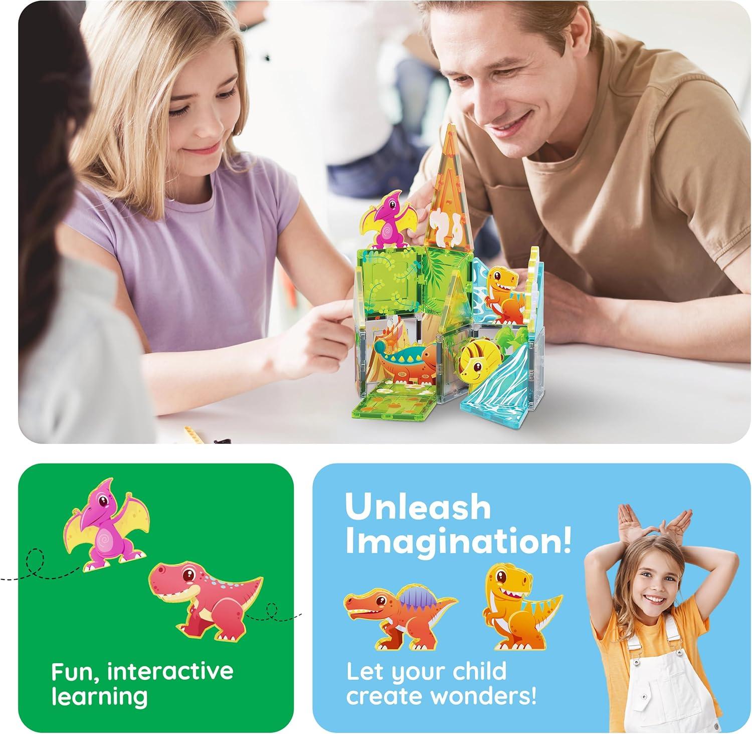 imagePicassoTiles 26pcs Magnetic Tiles Magnet Tile Building Blocks Printed Fall Farm Themed Animal Toy Set with 8 Farmyard Animals Character Action Figures STEM Learning Playset for Kids Ages 3 PTQ27Dinosaur World Themed