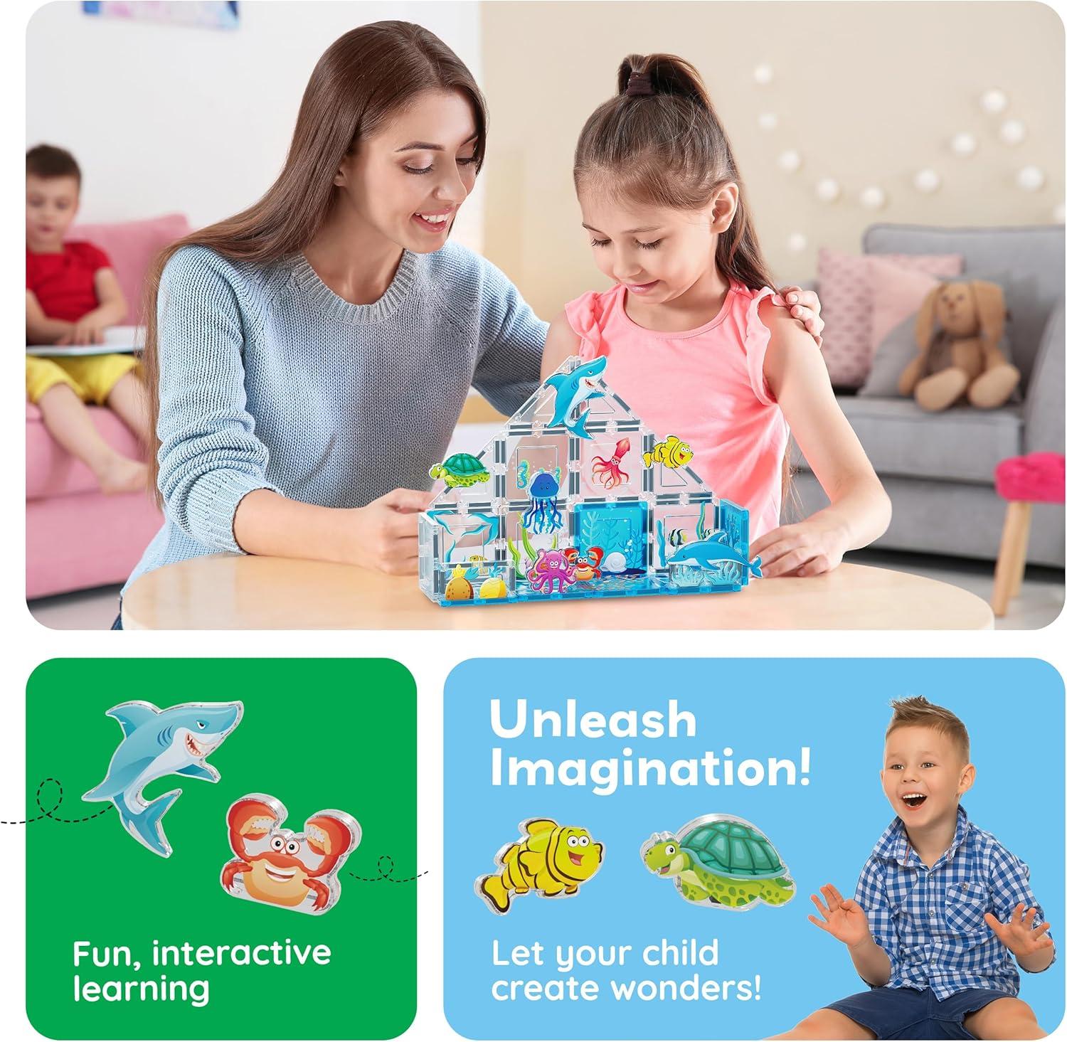 imagePicassoTiles 26pcs Magnetic Tiles Magnet Tile Building Blocks Printed Fall Farm Themed Animal Toy Set with 8 Farmyard Animals Character Action Figures STEM Learning Playset for Kids Ages 3 PTQ27Marine