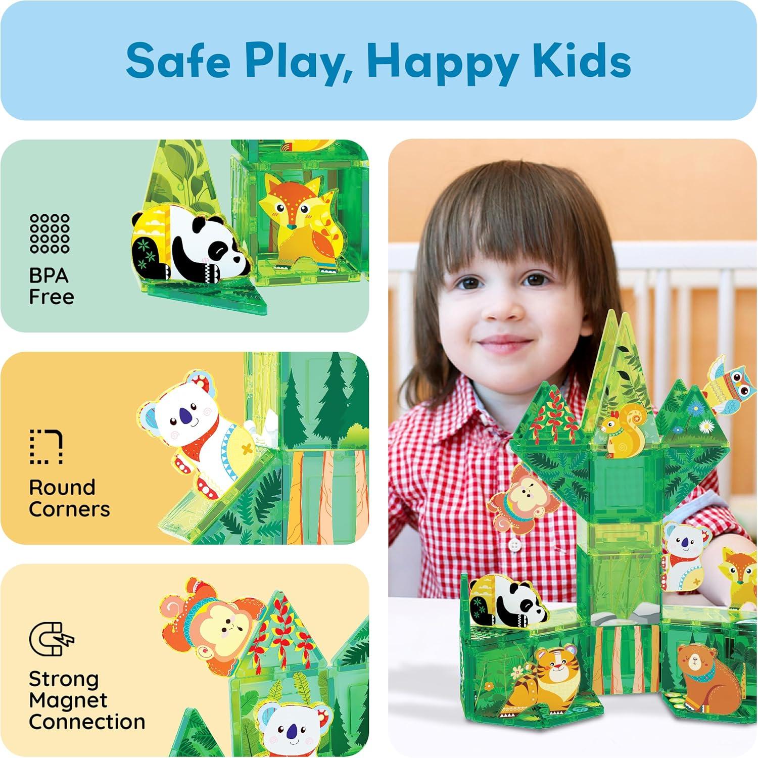 imagePicassoTiles 26pcs Magnetic Tiles Magnet Tile Building Blocks Printed Fall Farm Themed Animal Toy Set with 8 Farmyard Animals Character Action Figures STEM Learning Playset for Kids Ages 3 PTQ27Forest