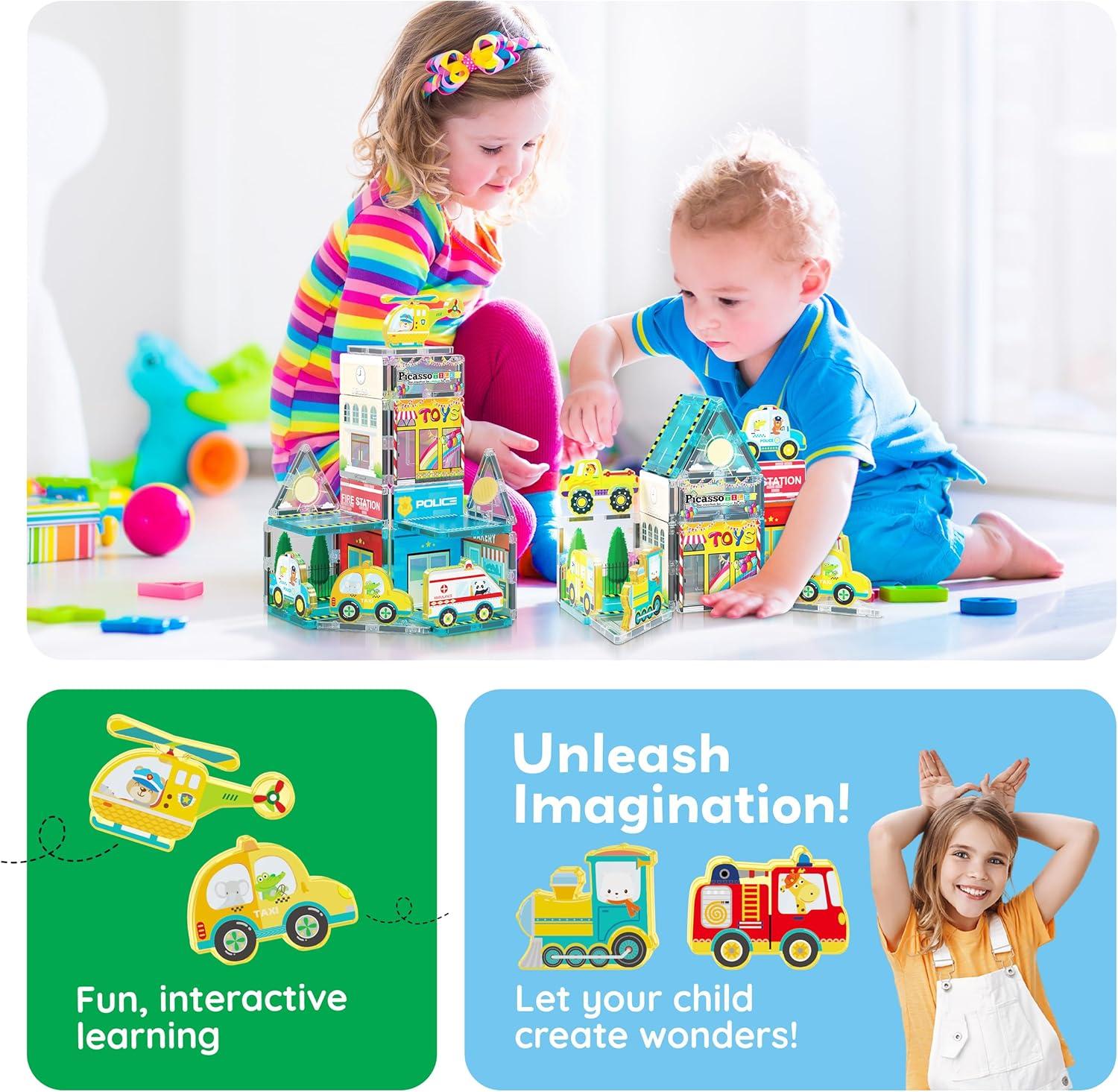 imagePicassoTiles 26pcs Magnetic Tiles Magnet Tile Building Blocks Printed Fall Farm Themed Animal Toy Set with 8 Farmyard Animals Character Action Figures STEM Learning Playset for Kids Ages 3 PTQ27Metro