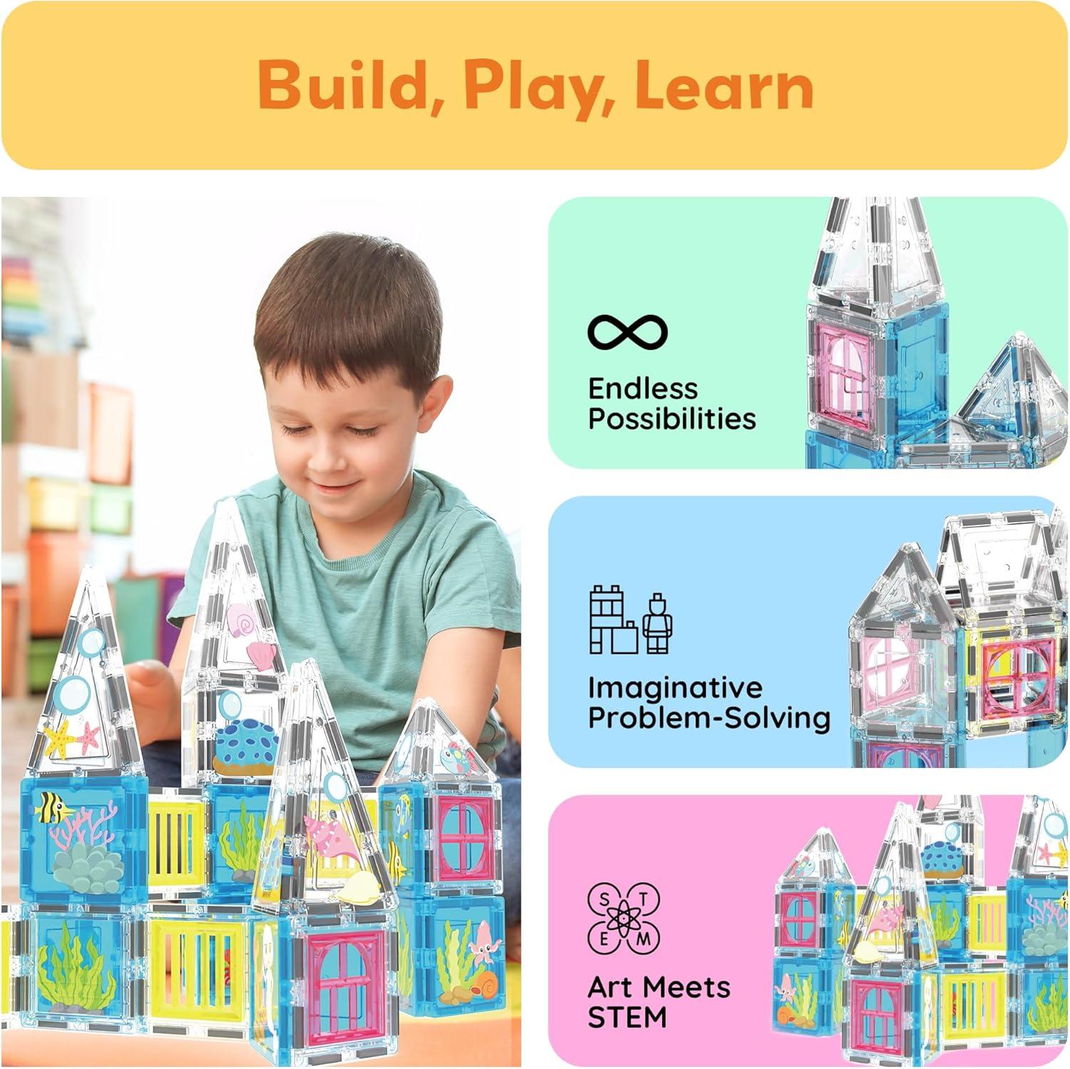 imagePicassoTiles 26pcs Magnetic Tiles Magnet Tile Building Blocks Printed Fall Farm Themed Animal Toy Set with 8 Farmyard Animals Character Action Figures STEM Learning Playset for Kids Ages 3 PTQ27Mermaid Theme