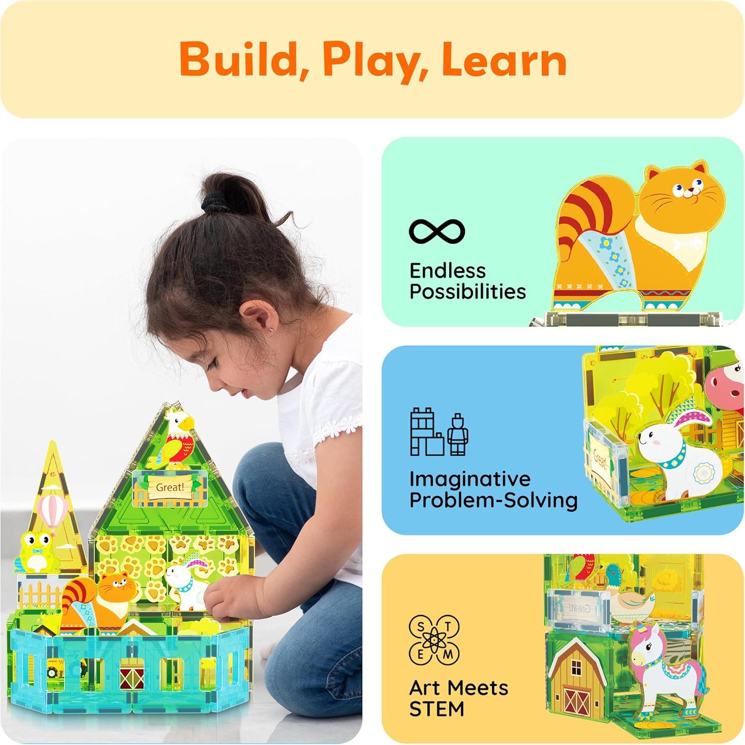 imagePicassoTiles 26pcs Magnetic Tiles Magnet Tile Building Blocks Printed Fall Farm Themed Animal Toy Set with 8 Farmyard Animals Character Action Figures STEM Learning Playset for Kids Ages 3 PTQ27Farm