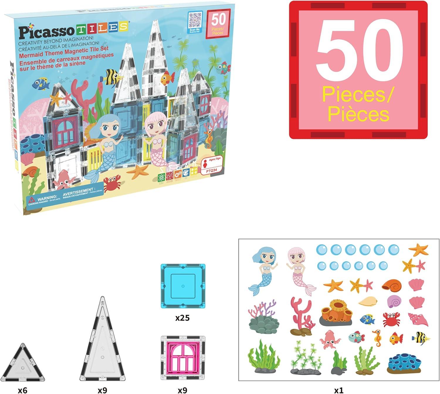 imagePicassoTiles 26pcs Magnetic Tiles Magnet Tile Building Blocks Printed Fall Farm Themed Animal Toy Set with 8 Farmyard Animals Character Action Figures STEM Learning Playset for Kids Ages 3 PTQ27Mermaid Theme