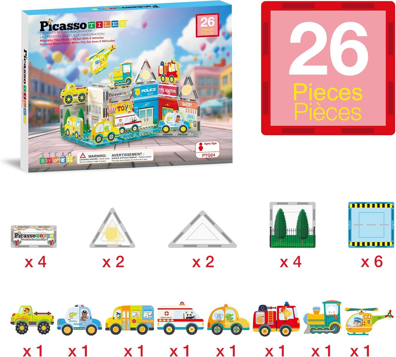 imagePicassoTiles 26pcs Magnetic Tiles Magnet Tile Building Blocks Printed Fall Farm Themed Animal Toy Set with 8 Farmyard Animals Character Action Figures STEM Learning Playset for Kids Ages 3 PTQ27Metro