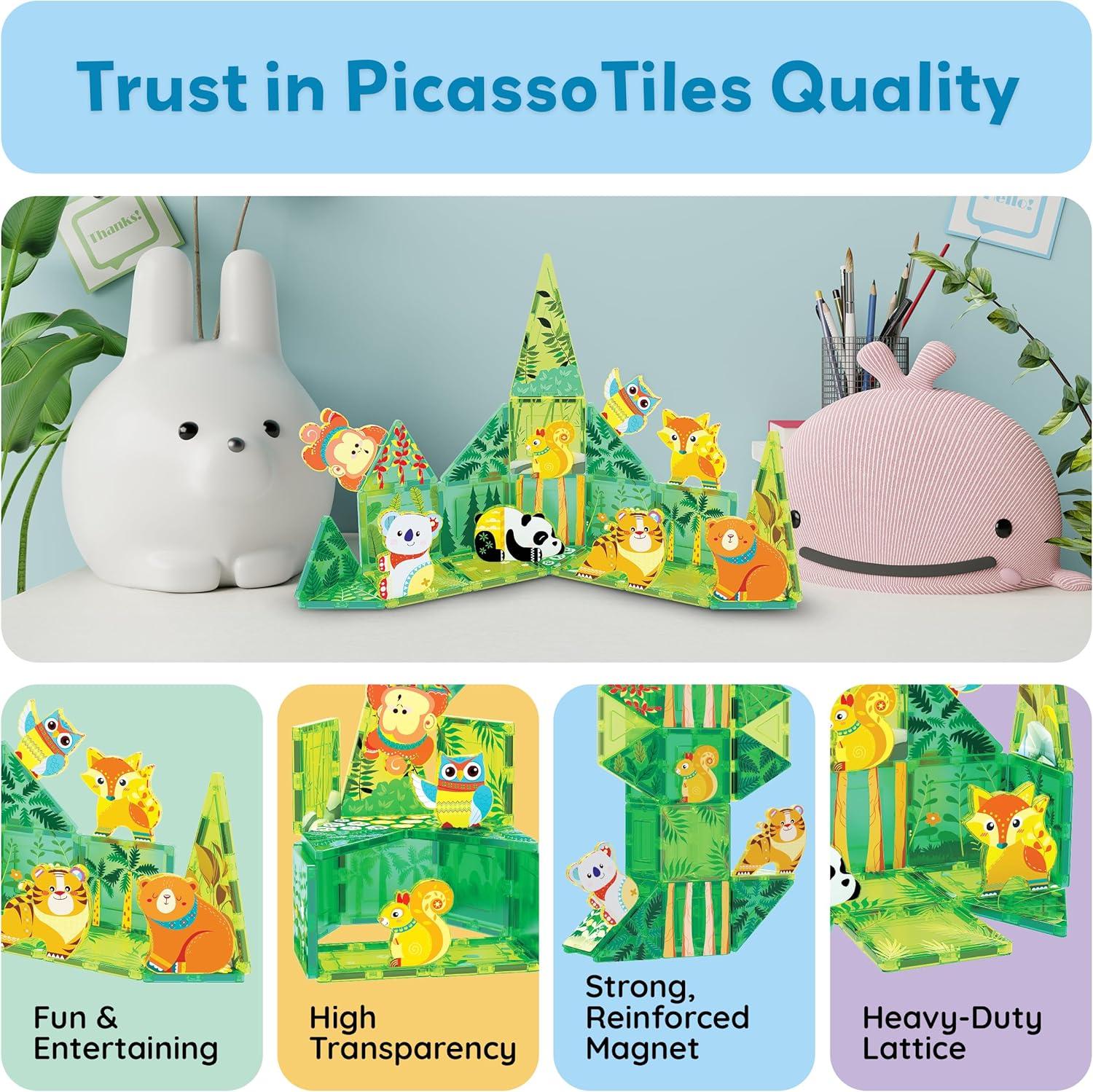 imagePicassoTiles 26pcs Magnetic Tiles Magnet Tile Building Blocks Printed Fall Farm Themed Animal Toy Set with 8 Farmyard Animals Character Action Figures STEM Learning Playset for Kids Ages 3 PTQ27Forest