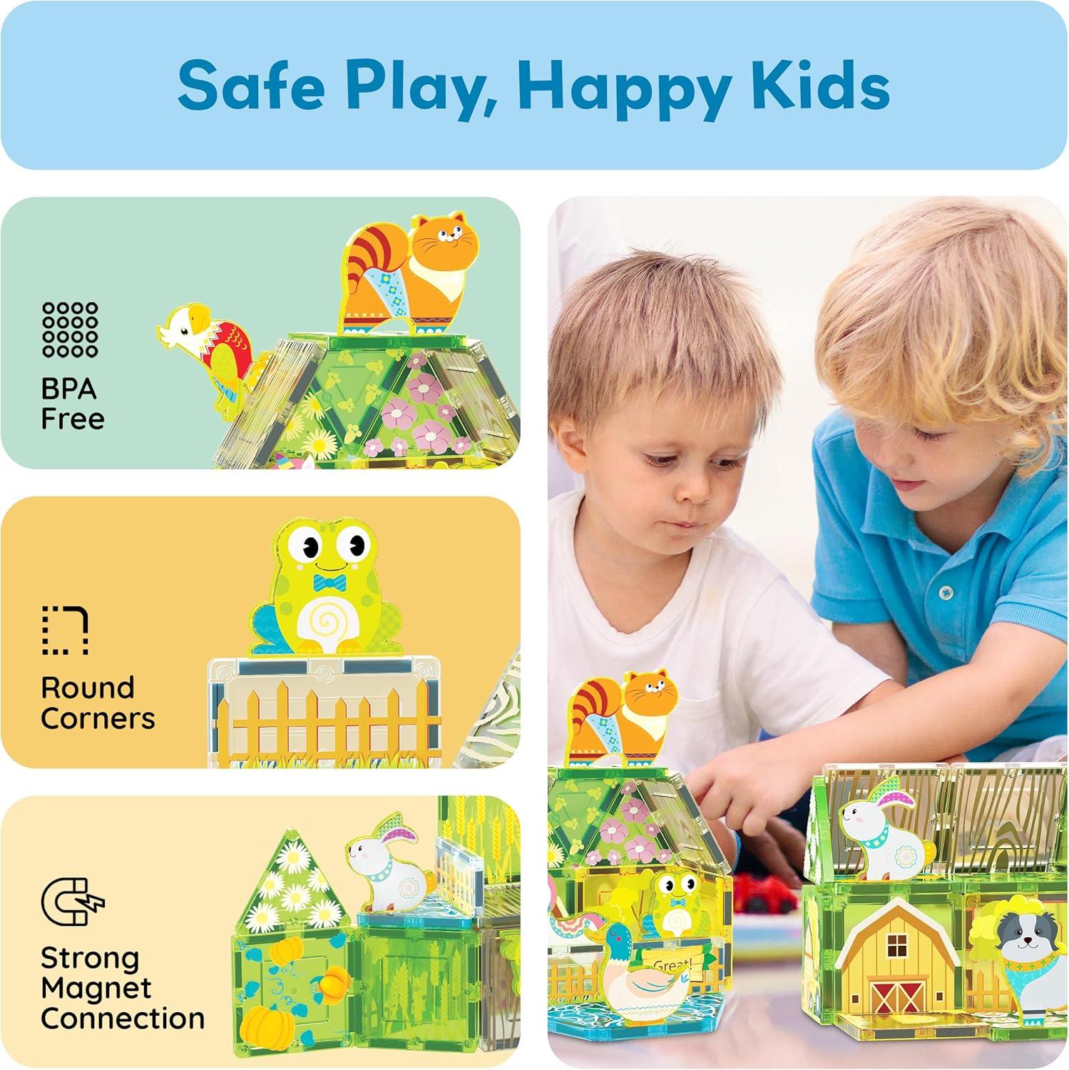 imagePicassoTiles 26pcs Magnetic Tiles Magnet Tile Building Blocks Printed Fall Farm Themed Animal Toy Set with 8 Farmyard Animals Character Action Figures STEM Learning Playset for Kids Ages 3 PTQ27Farm