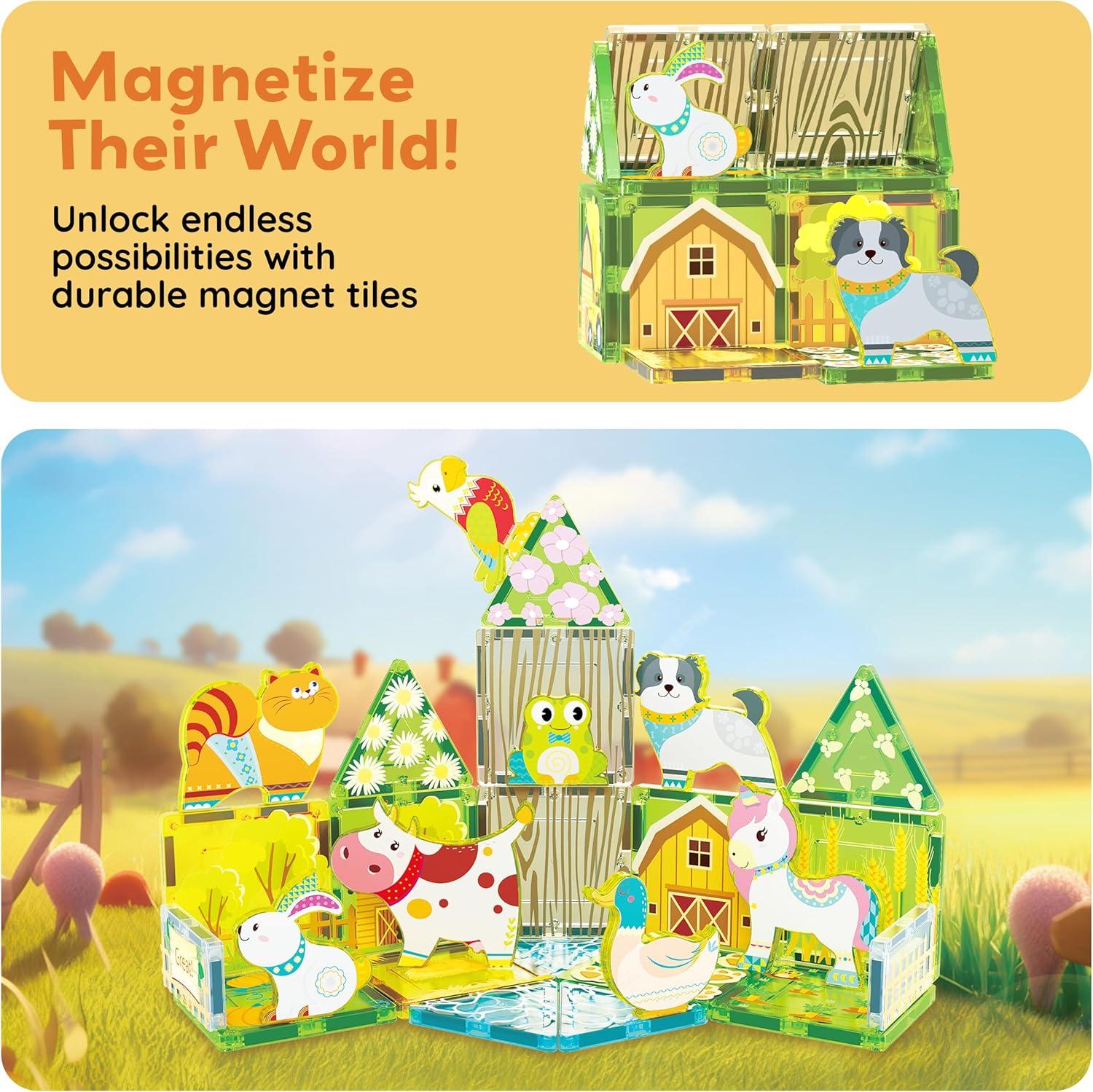 imagePicassoTiles 26pcs Magnetic Tiles Magnet Tile Building Blocks Printed Fall Farm Themed Animal Toy Set with 8 Farmyard Animals Character Action Figures STEM Learning Playset for Kids Ages 3 PTQ27Farm