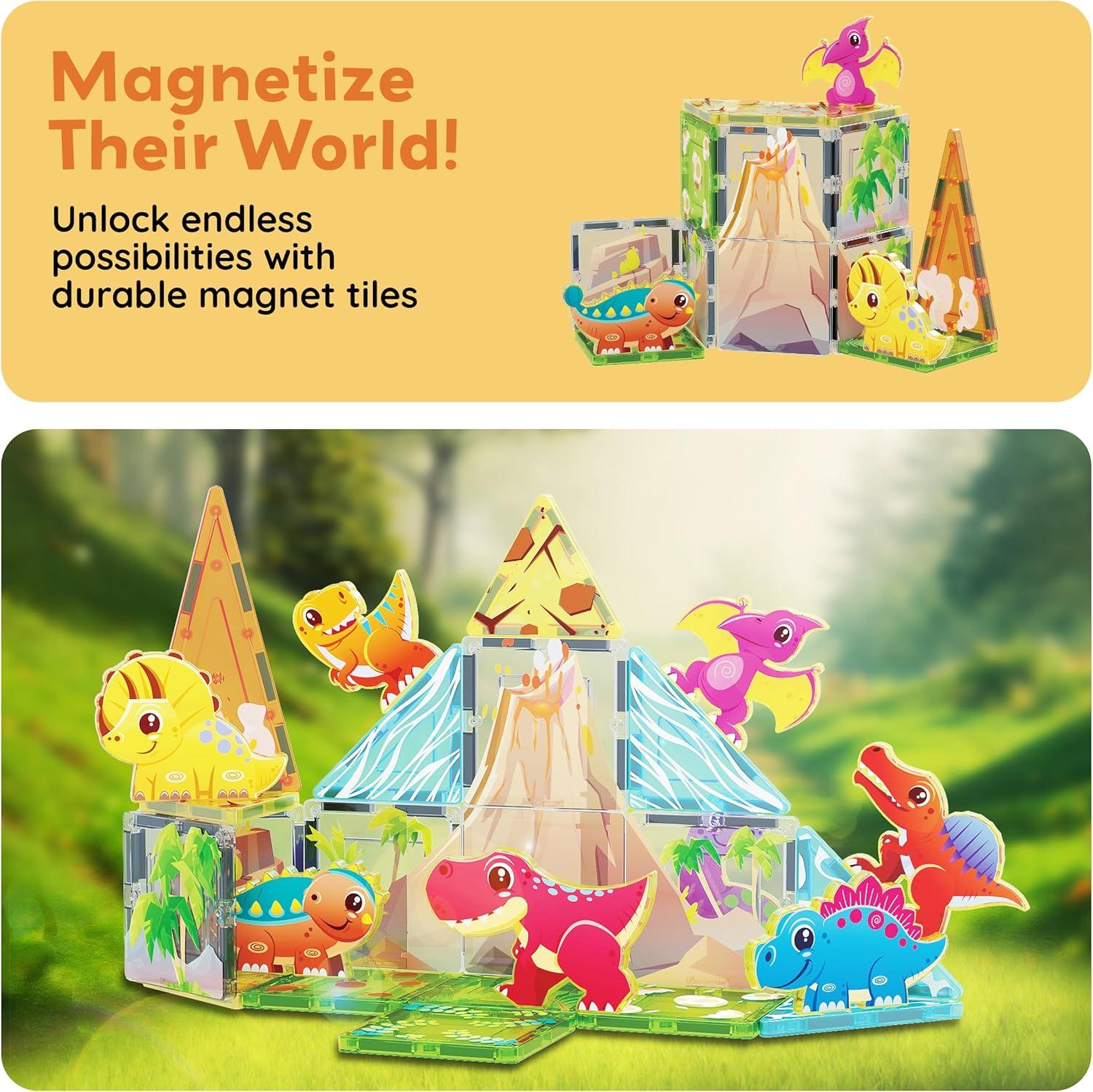 imagePicassoTiles 26pcs Magnetic Tiles Magnet Tile Building Blocks Printed Fall Farm Themed Animal Toy Set with 8 Farmyard Animals Character Action Figures STEM Learning Playset for Kids Ages 3 PTQ27Dinosaur World Themed