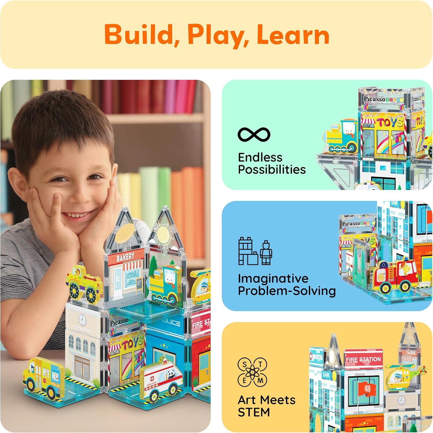 imagePicassoTiles 26pcs Magnetic Tiles Magnet Tile Building Blocks Printed Fall Farm Themed Animal Toy Set with 8 Farmyard Animals Character Action Figures STEM Learning Playset for Kids Ages 3 PTQ27Metro