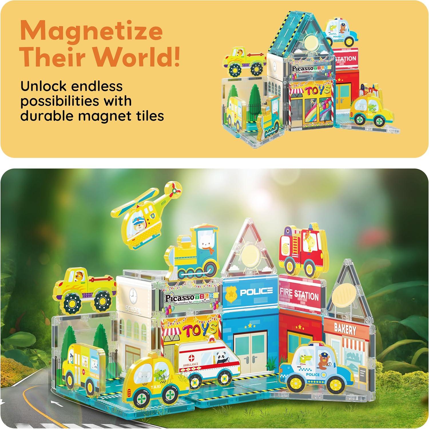 imagePicassoTiles 26pcs Magnetic Tiles Magnet Tile Building Blocks Printed Fall Farm Themed Animal Toy Set with 8 Farmyard Animals Character Action Figures STEM Learning Playset for Kids Ages 3 PTQ27Metro
