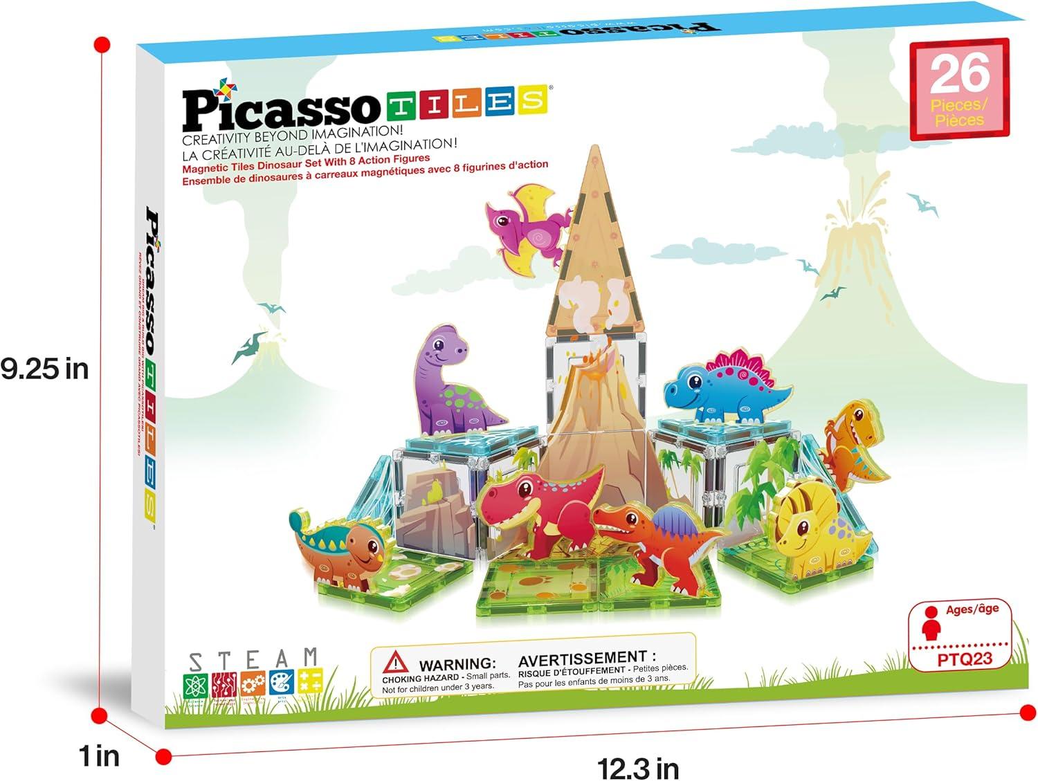 imagePicassoTiles 26pcs Magnetic Tiles Magnet Tile Building Blocks Printed Fall Farm Themed Animal Toy Set with 8 Farmyard Animals Character Action Figures STEM Learning Playset for Kids Ages 3 PTQ27Dinosaur World Themed