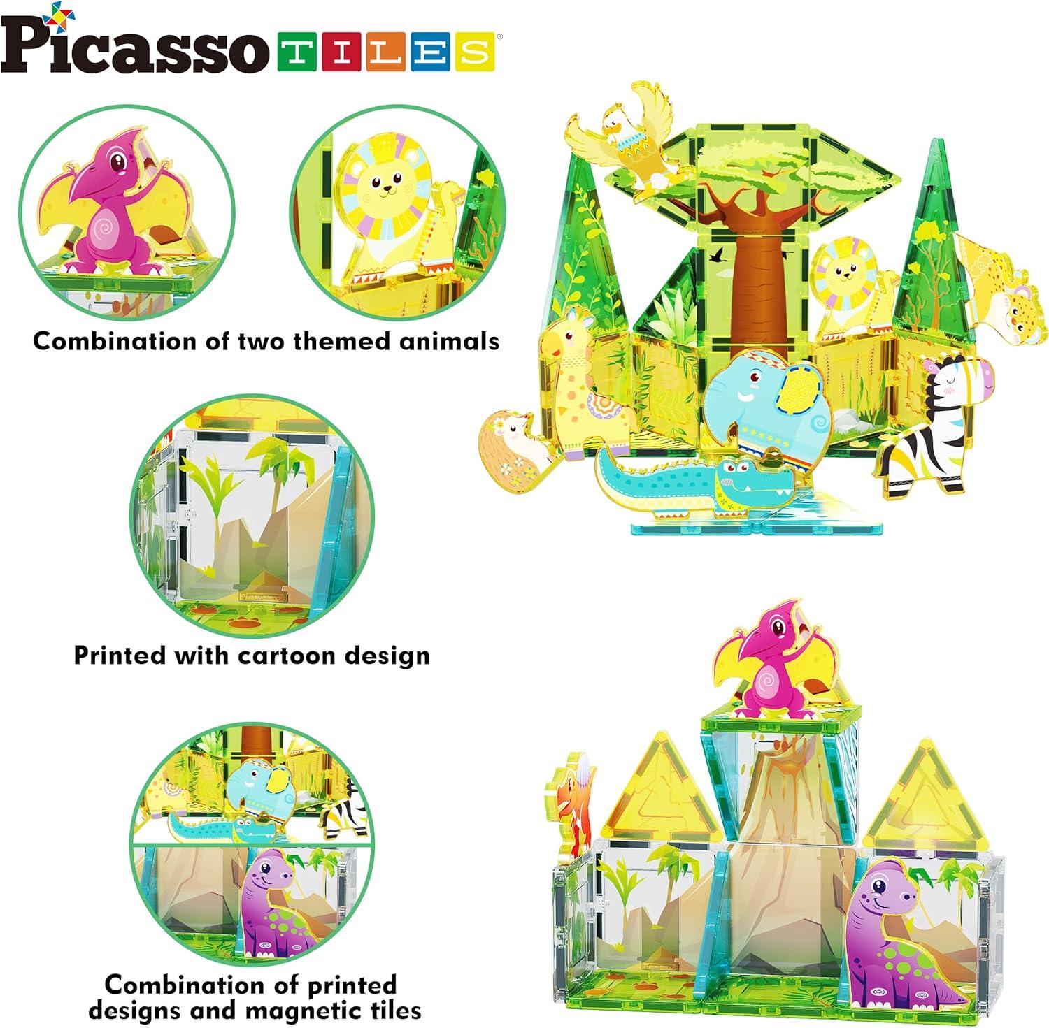 imagePicassoTiles 26pcs Magnetic Tiles Magnet Tile Building Blocks Printed Fall Farm Themed Animal Toy Set with 8 Farmyard Animals Character Action Figures STEM Learning Playset for Kids Ages 3 PTQ27Safari Animals Themed