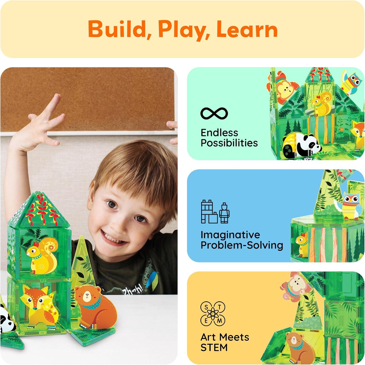 imagePicassoTiles 26pcs Magnetic Tiles Magnet Tile Building Blocks Printed Fall Farm Themed Animal Toy Set with 8 Farmyard Animals Character Action Figures STEM Learning Playset for Kids Ages 3 PTQ27Forest