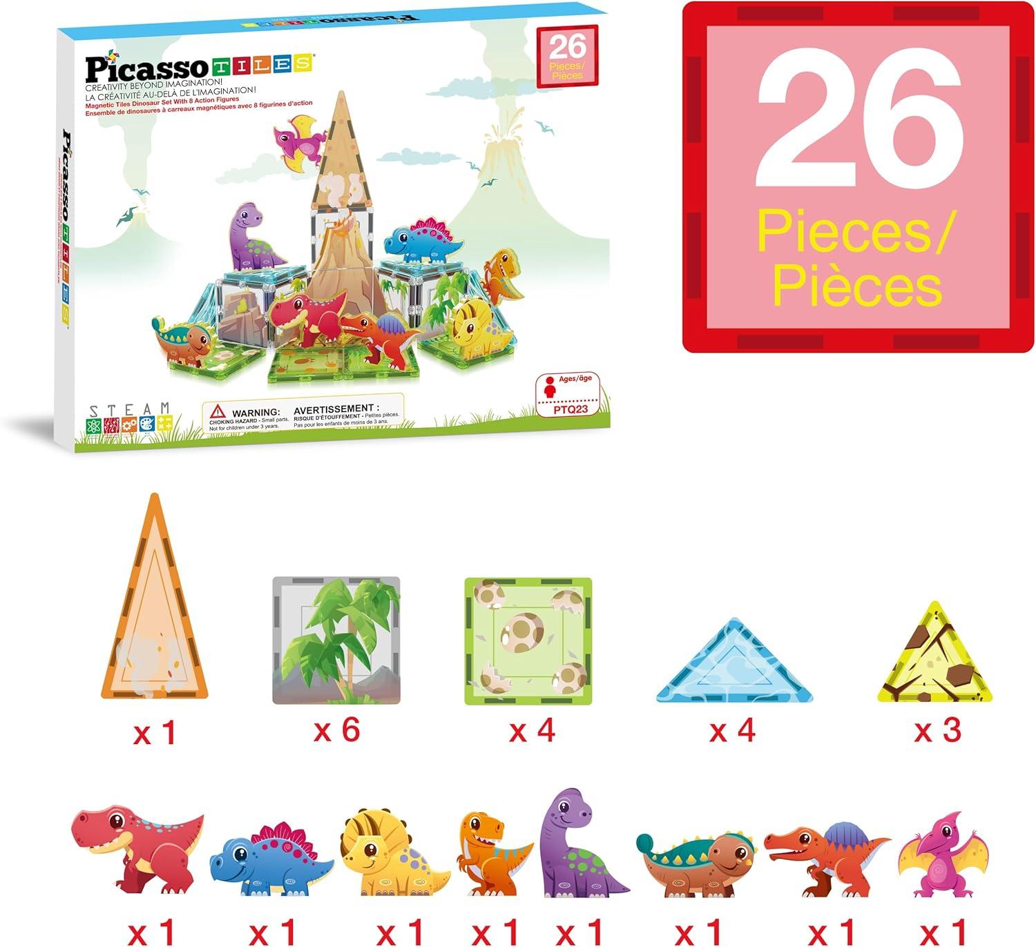 imagePicassoTiles 26pcs Magnetic Tiles Magnet Tile Building Blocks Printed Fall Farm Themed Animal Toy Set with 8 Farmyard Animals Character Action Figures STEM Learning Playset for Kids Ages 3 PTQ27Dinosaur World Themed