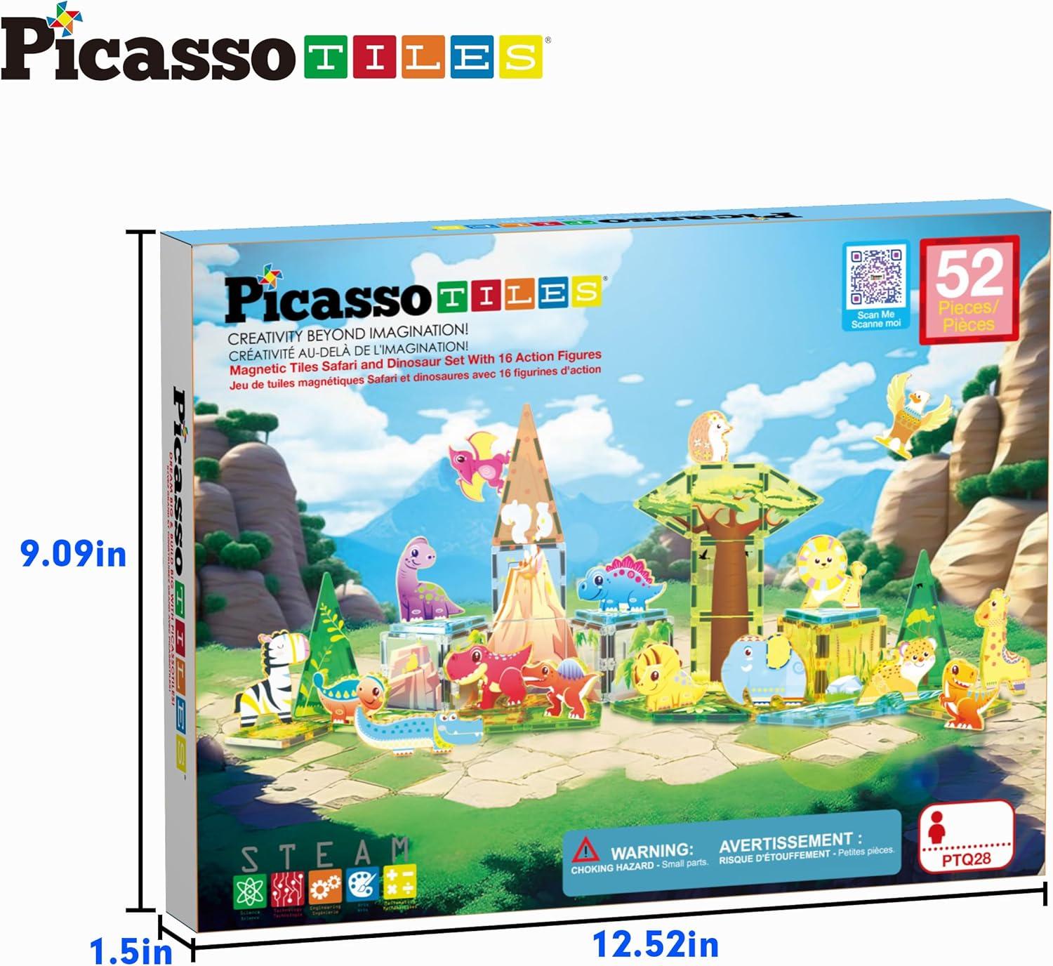 imagePicassoTiles 26pcs Magnetic Tiles Magnet Tile Building Blocks Printed Fall Farm Themed Animal Toy Set with 8 Farmyard Animals Character Action Figures STEM Learning Playset for Kids Ages 3 PTQ27Safari Animals Themed