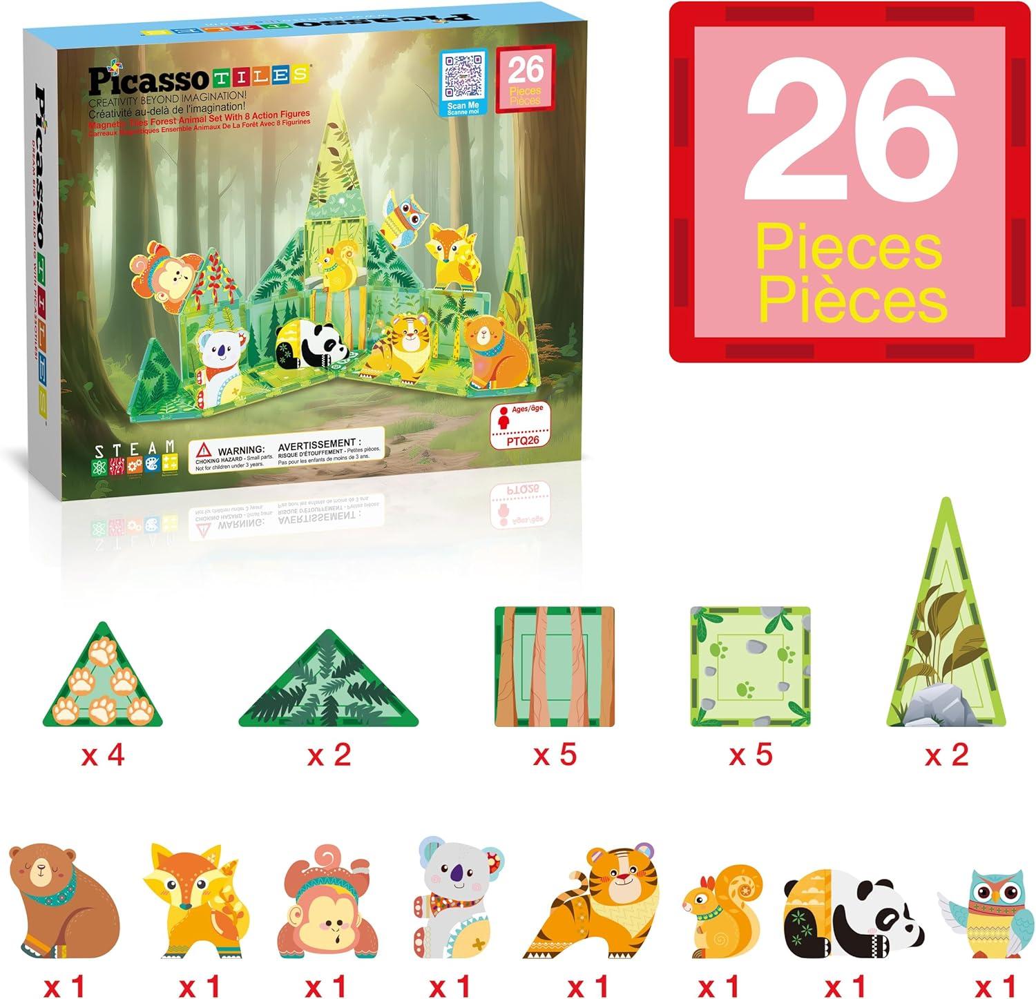 imagePicassoTiles 26pcs Magnetic Tiles Magnet Tile Building Blocks Printed Fall Farm Themed Animal Toy Set with 8 Farmyard Animals Character Action Figures STEM Learning Playset for Kids Ages 3 PTQ27Forest