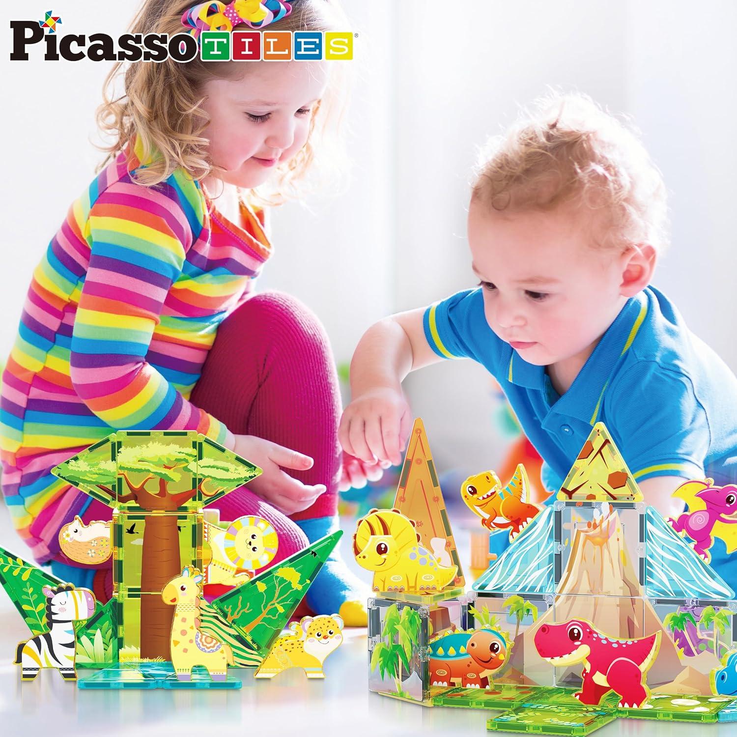 imagePicassoTiles 26pcs Magnetic Tiles Magnet Tile Building Blocks Printed Fall Farm Themed Animal Toy Set with 8 Farmyard Animals Character Action Figures STEM Learning Playset for Kids Ages 3 PTQ27Safari Animals Themed