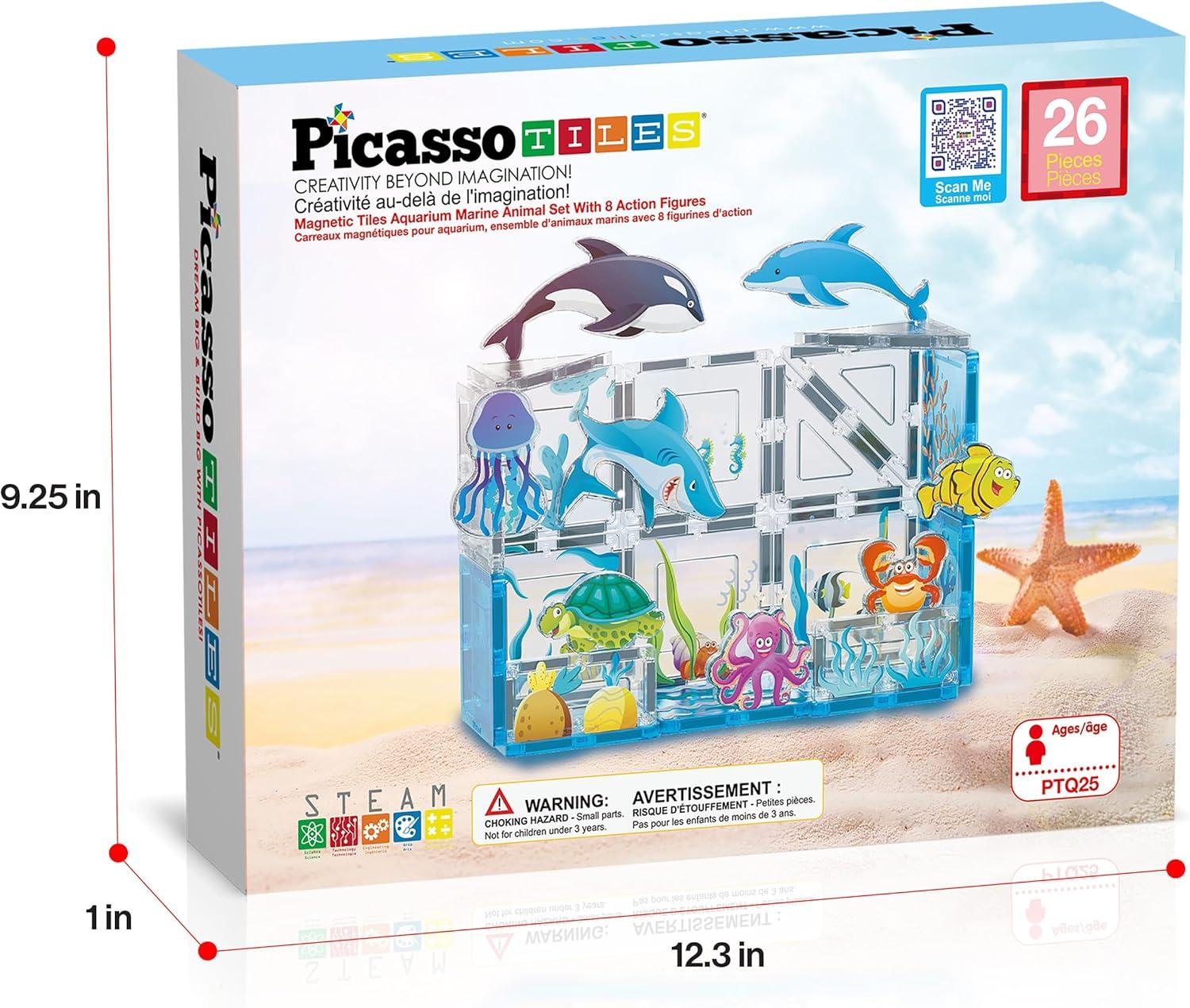 imagePicassoTiles 26pcs Magnetic Tiles Magnet Tile Building Blocks Printed Fall Farm Themed Animal Toy Set with 8 Farmyard Animals Character Action Figures STEM Learning Playset for Kids Ages 3 PTQ27Marine