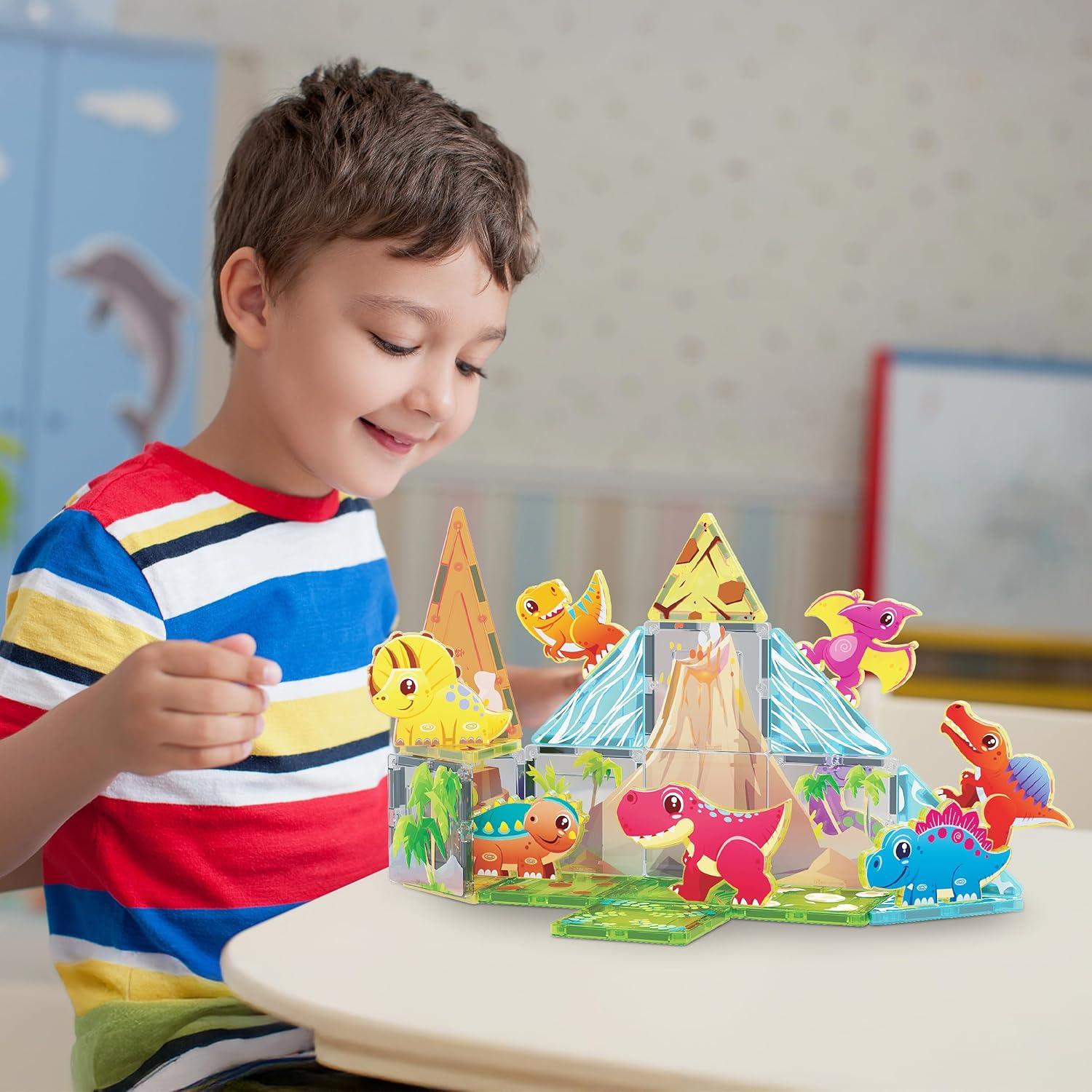 imagePicassoTiles 26pcs Magnetic Tiles Magnet Tile Building Blocks Printed Fall Farm Themed Animal Toy Set with 8 Farmyard Animals Character Action Figures STEM Learning Playset for Kids Ages 3 PTQ27Dinosaur World Themed