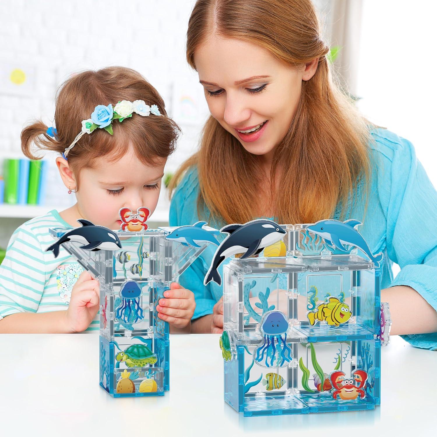 imagePicassoTiles 26pcs Magnetic Tiles Magnet Tile Building Blocks Printed Fall Farm Themed Animal Toy Set with 8 Farmyard Animals Character Action Figures STEM Learning Playset for Kids Ages 3 PTQ27Marine