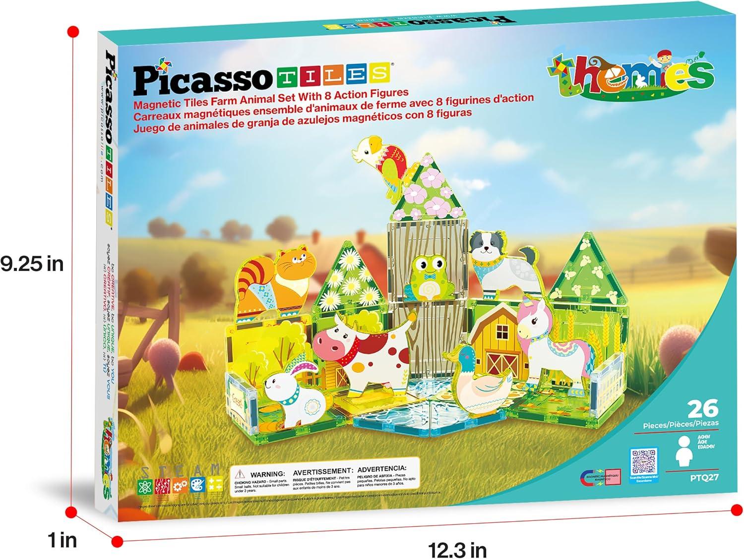 imagePicassoTiles 26pcs Magnetic Tiles Magnet Tile Building Blocks Printed Fall Farm Themed Animal Toy Set with 8 Farmyard Animals Character Action Figures STEM Learning Playset for Kids Ages 3 PTQ27Farm