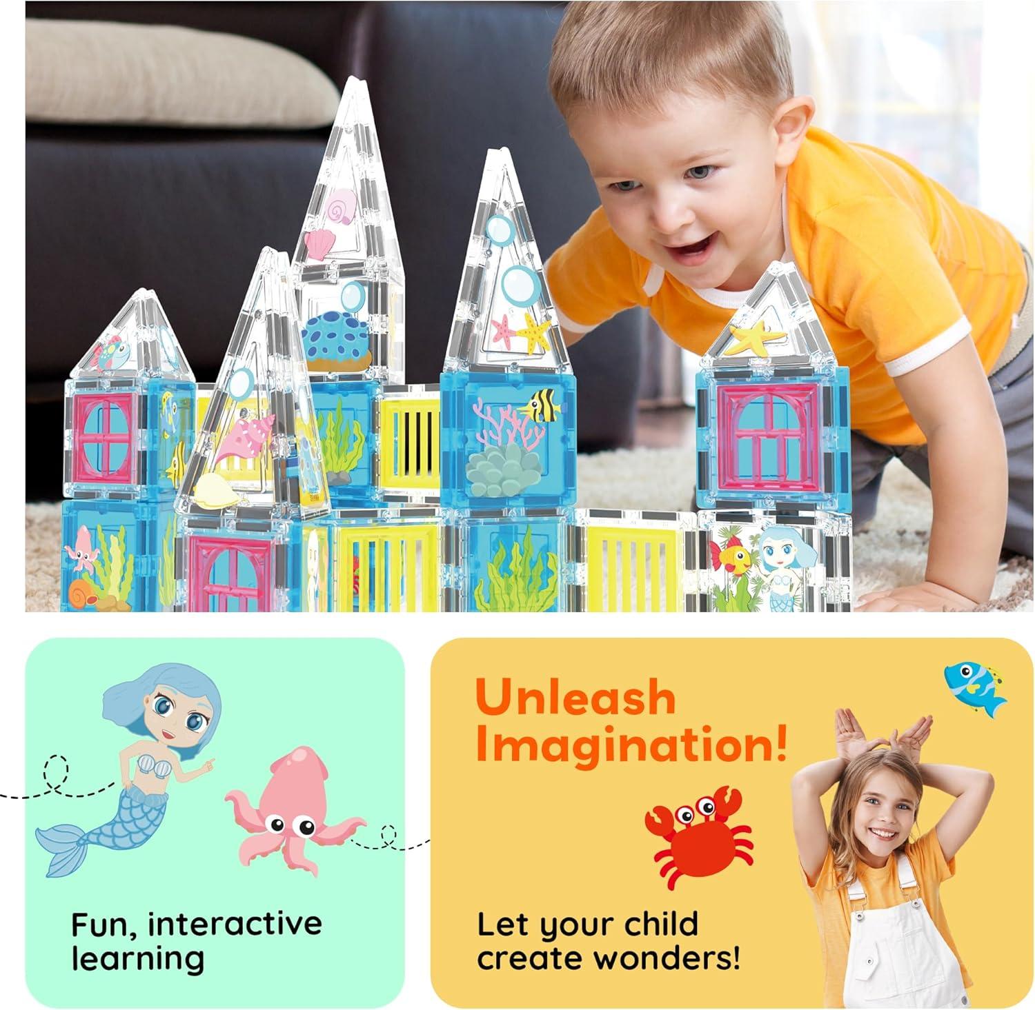 imagePicassoTiles 26pcs Magnetic Tiles Magnet Tile Building Blocks Printed Fall Farm Themed Animal Toy Set with 8 Farmyard Animals Character Action Figures STEM Learning Playset for Kids Ages 3 PTQ27Mermaid Theme