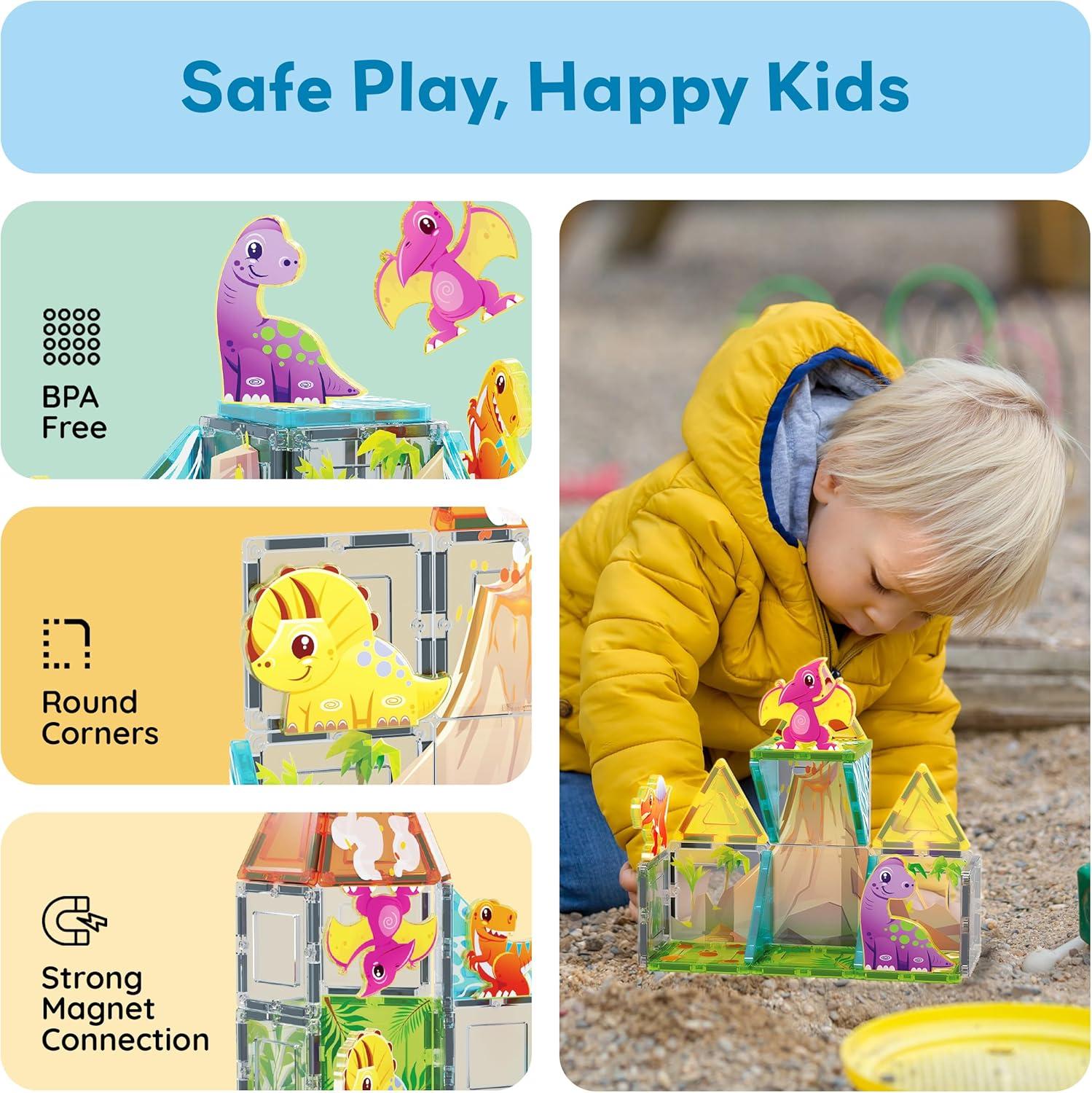 imagePicassoTiles 26pcs Magnetic Tiles Magnet Tile Building Blocks Printed Fall Farm Themed Animal Toy Set with 8 Farmyard Animals Character Action Figures STEM Learning Playset for Kids Ages 3 PTQ27Dinosaur World Themed