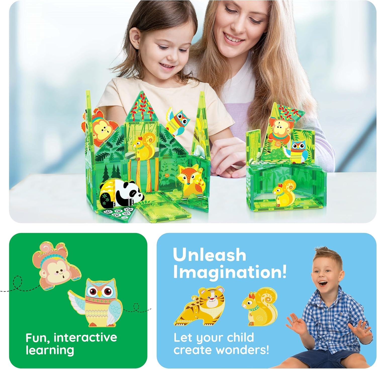 imagePicassoTiles 26pcs Magnetic Tiles Magnet Tile Building Blocks Printed Fall Farm Themed Animal Toy Set with 8 Farmyard Animals Character Action Figures STEM Learning Playset for Kids Ages 3 PTQ27Forest