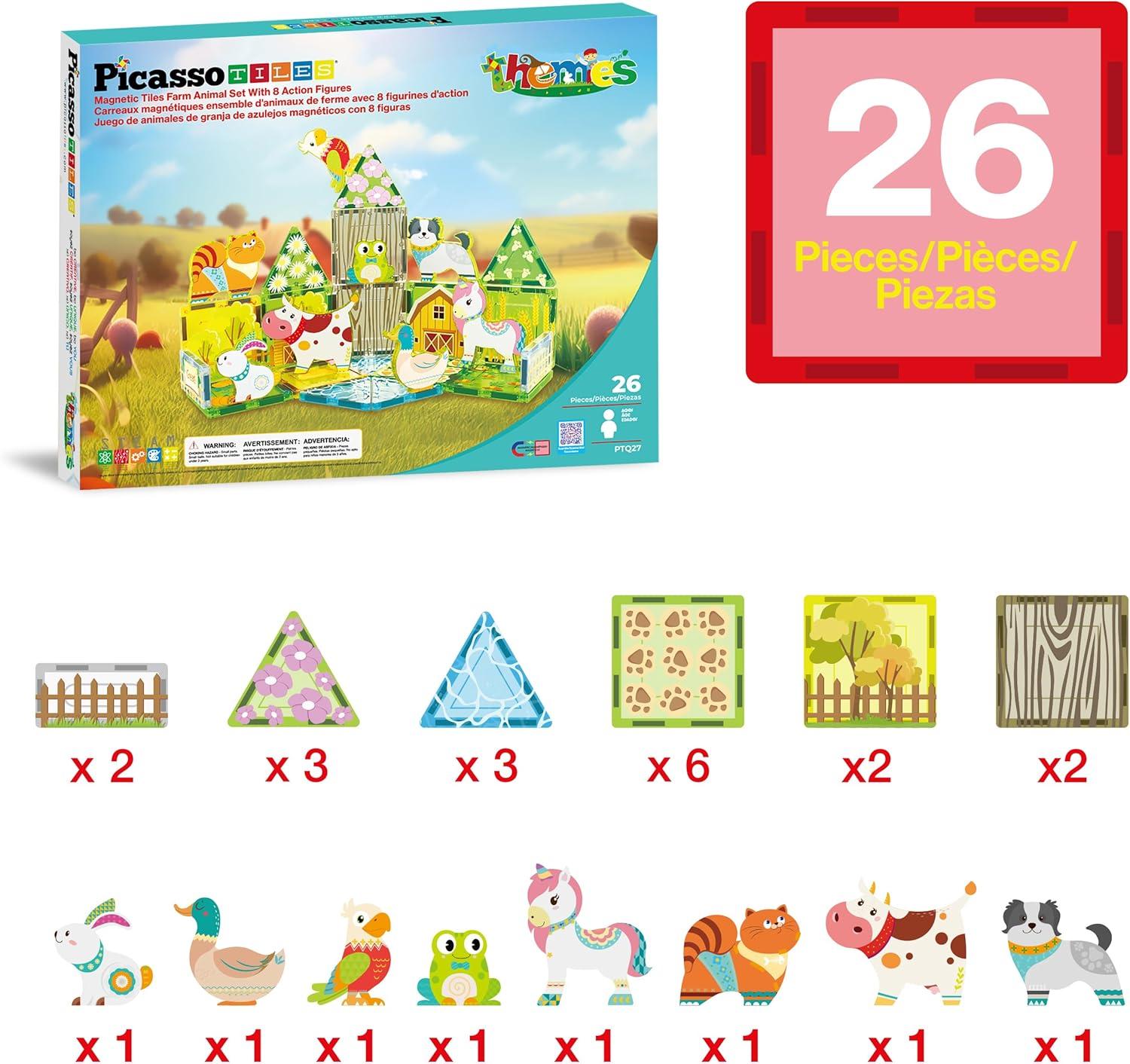imagePicassoTiles 26pcs Magnetic Tiles Magnet Tile Building Blocks Printed Fall Farm Themed Animal Toy Set with 8 Farmyard Animals Character Action Figures STEM Learning Playset for Kids Ages 3 PTQ27Farm