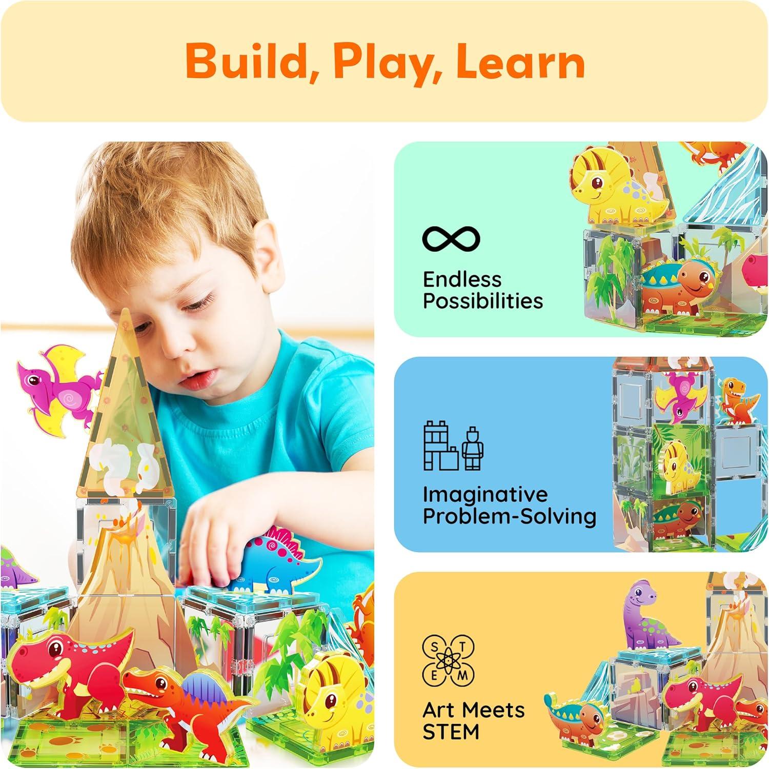 imagePicassoTiles 26pcs Magnetic Tiles Magnet Tile Building Blocks Printed Fall Farm Themed Animal Toy Set with 8 Farmyard Animals Character Action Figures STEM Learning Playset for Kids Ages 3 PTQ27Dinosaur World Themed