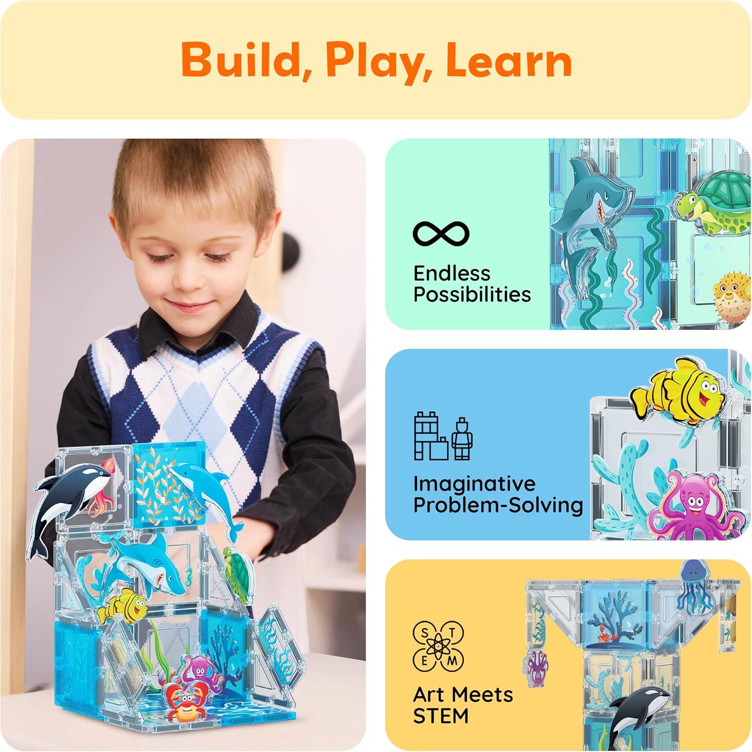 imagePicassoTiles 26pcs Magnetic Tiles Magnet Tile Building Blocks Printed Fall Farm Themed Animal Toy Set with 8 Farmyard Animals Character Action Figures STEM Learning Playset for Kids Ages 3 PTQ27Marine