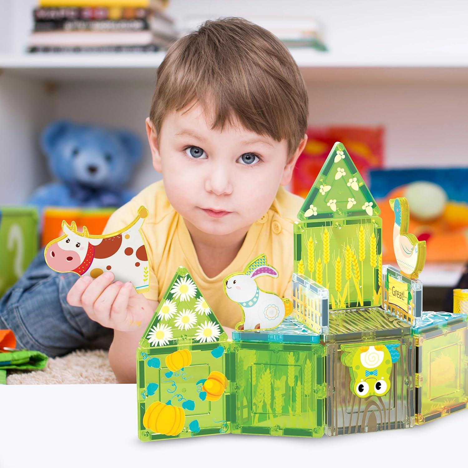 imagePicassoTiles 26pcs Magnetic Tiles Magnet Tile Building Blocks Printed Fall Farm Themed Animal Toy Set with 8 Farmyard Animals Character Action Figures STEM Learning Playset for Kids Ages 3 PTQ27Farm