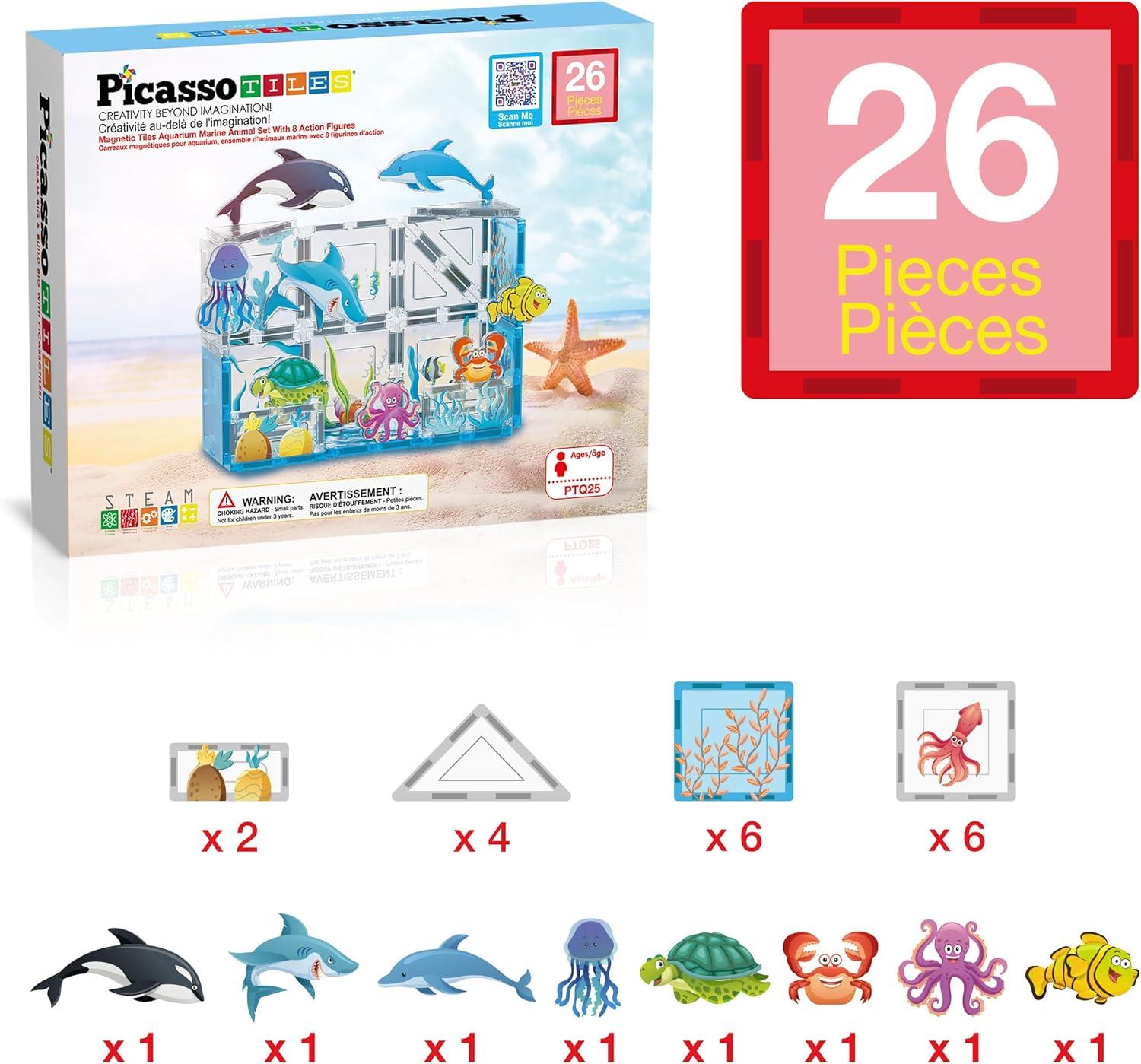 imagePicassoTiles 26pcs Magnetic Tiles Magnet Tile Building Blocks Printed Fall Farm Themed Animal Toy Set with 8 Farmyard Animals Character Action Figures STEM Learning Playset for Kids Ages 3 PTQ27Marine