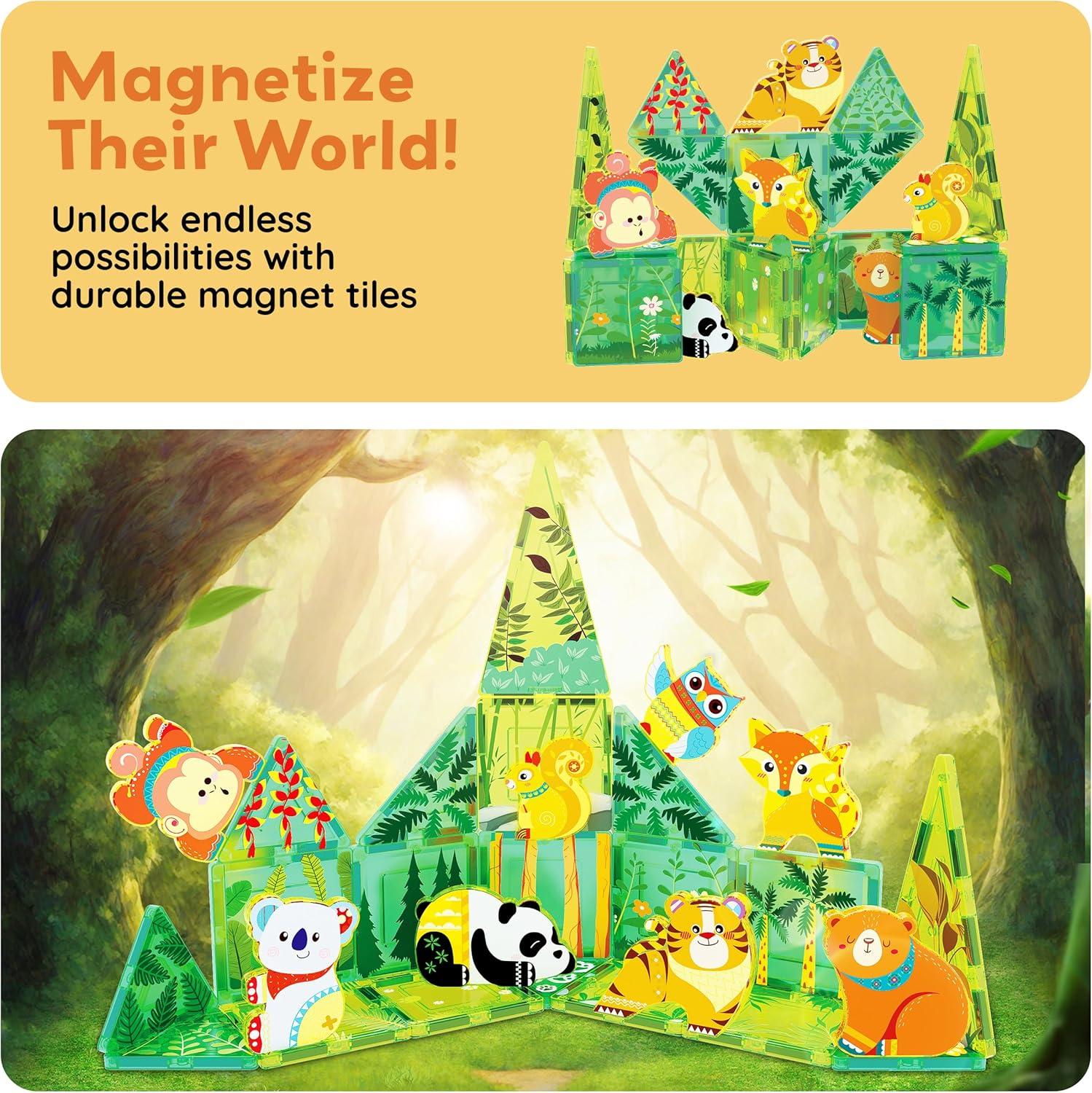 imagePicassoTiles 26pcs Magnetic Tiles Magnet Tile Building Blocks Printed Fall Farm Themed Animal Toy Set with 8 Farmyard Animals Character Action Figures STEM Learning Playset for Kids Ages 3 PTQ27Forest