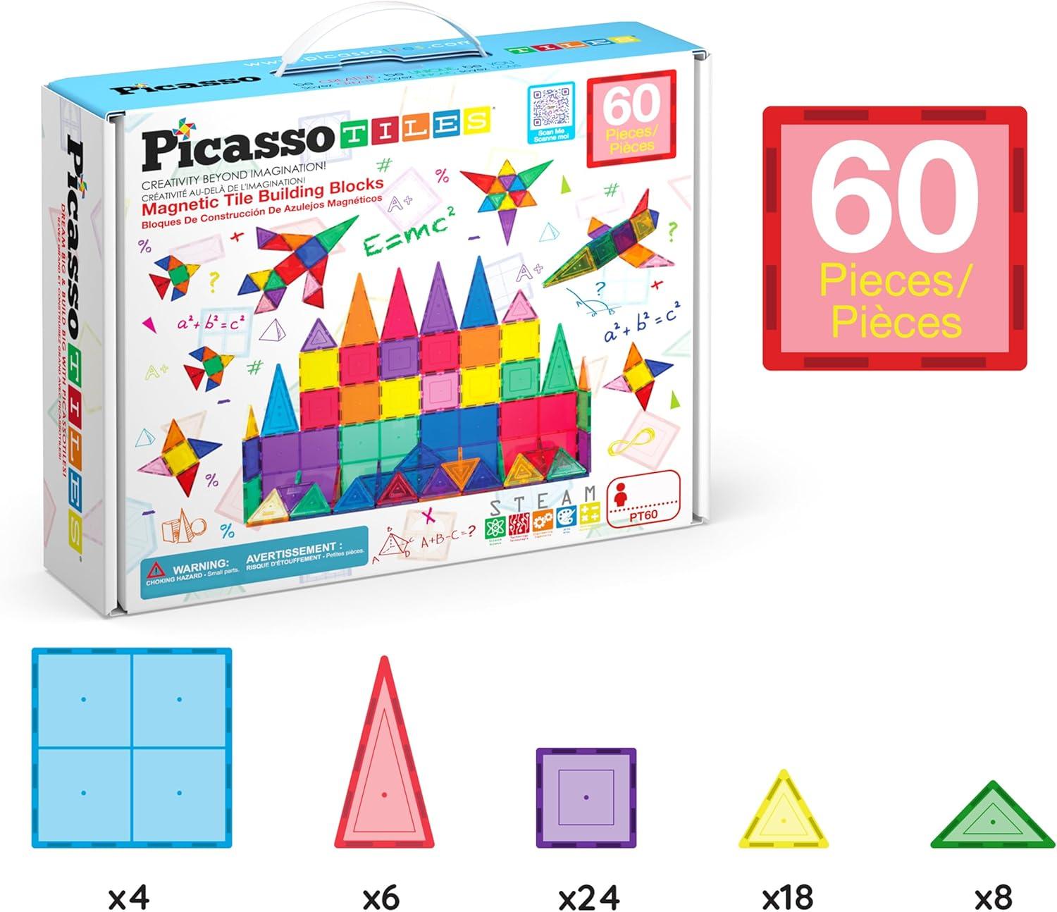 imagePicassoTiles 60 Piece Set 60pcs Magnet Building Tiles Clear Magnetic 3D Blocks Construction Playboards  Creativity Beyond Imagination Inspirational Recreational Educational Conventional