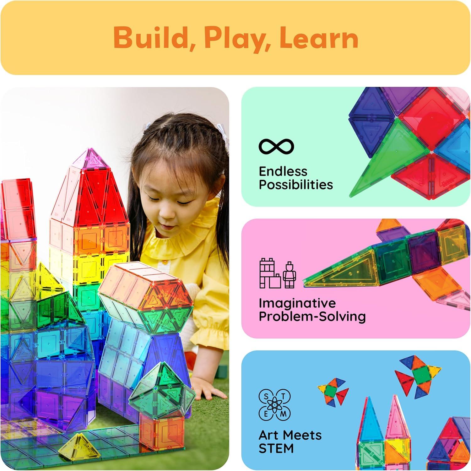 imagePicassoTiles 60 Piece Set 60pcs Magnet Building Tiles Clear Magnetic 3D Blocks Construction Playboards  Creativity Beyond Imagination Inspirational Recreational Educational Conventional