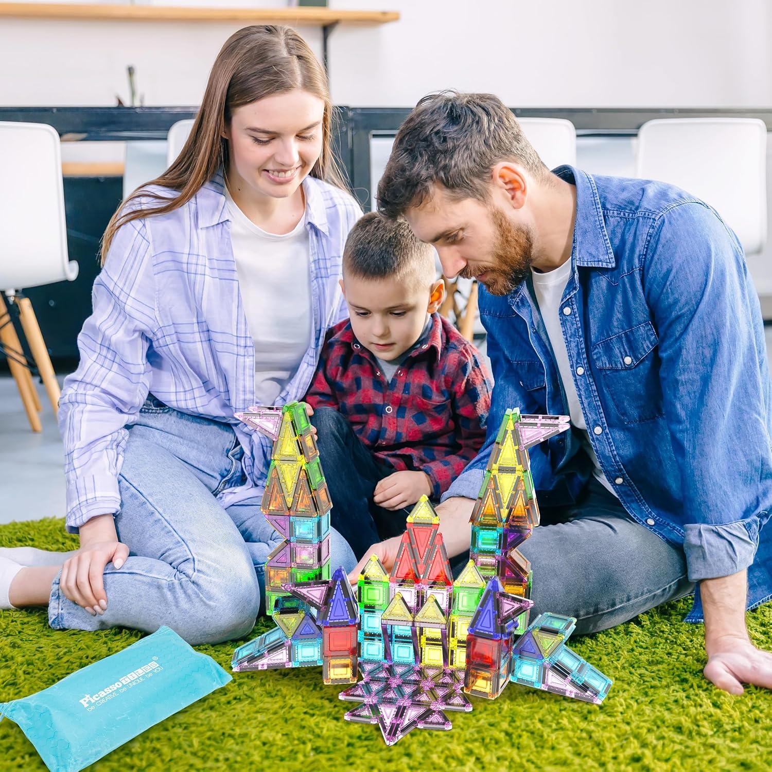 imagePicassoTiles 65pc Nano Magnetic Tile Travel Size Mini Portable Toy Construction Building Blocks Playset with Storage Bag Pouch STEM Montessori Classroom Magnet Tiles Stacking Toys for Kids Age 3 PN03