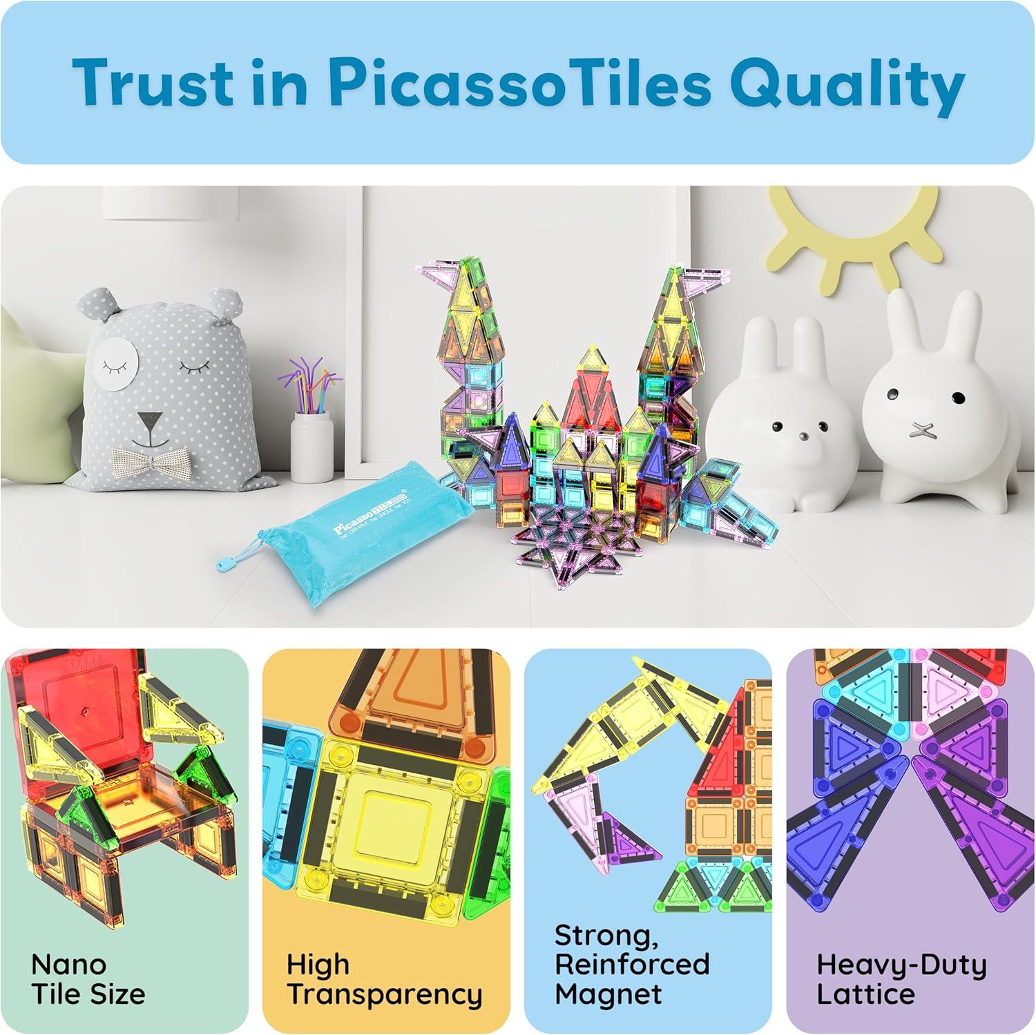 imagePicassoTiles 65pc Nano Magnetic Tile Travel Size Mini Portable Toy Construction Building Blocks Playset with Storage Bag Pouch STEM Montessori Classroom Magnet Tiles Stacking Toys for Kids Age 3 PN03