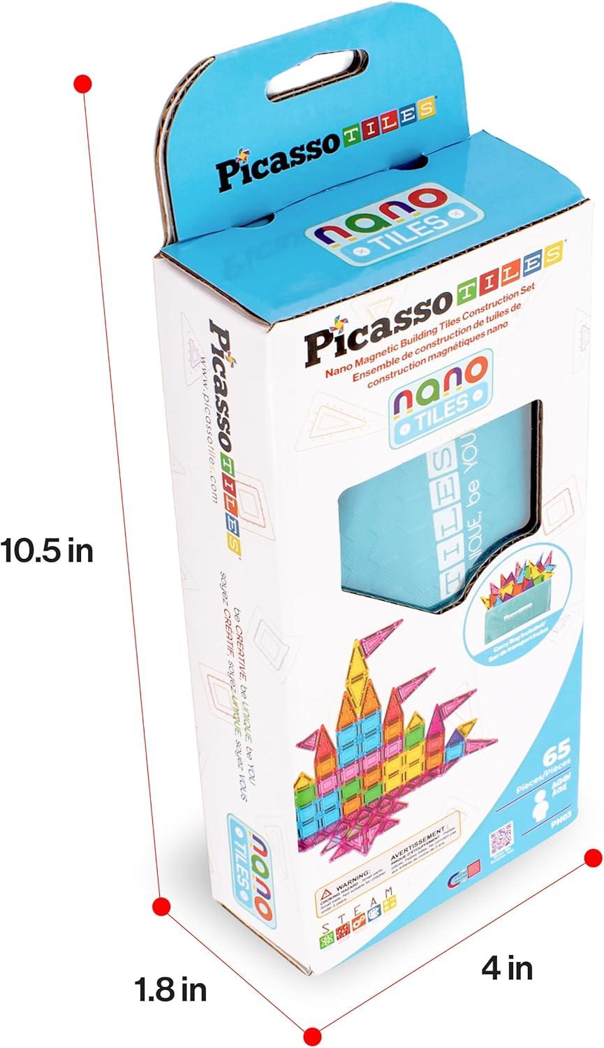 imagePicassoTiles 65pc Nano Magnetic Tile Travel Size Mini Portable Toy Construction Building Blocks Playset with Storage Bag Pouch STEM Montessori Classroom Magnet Tiles Stacking Toys for Kids Age 3 PN03