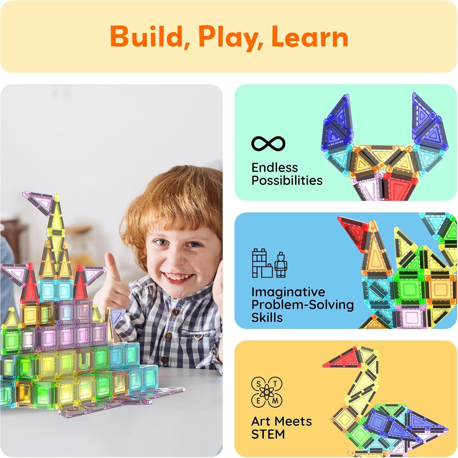 imagePicassoTiles 65pc Nano Magnetic Tile Travel Size Mini Portable Toy Construction Building Blocks Playset with Storage Bag Pouch STEM Montessori Classroom Magnet Tiles Stacking Toys for Kids Age 3 PN03