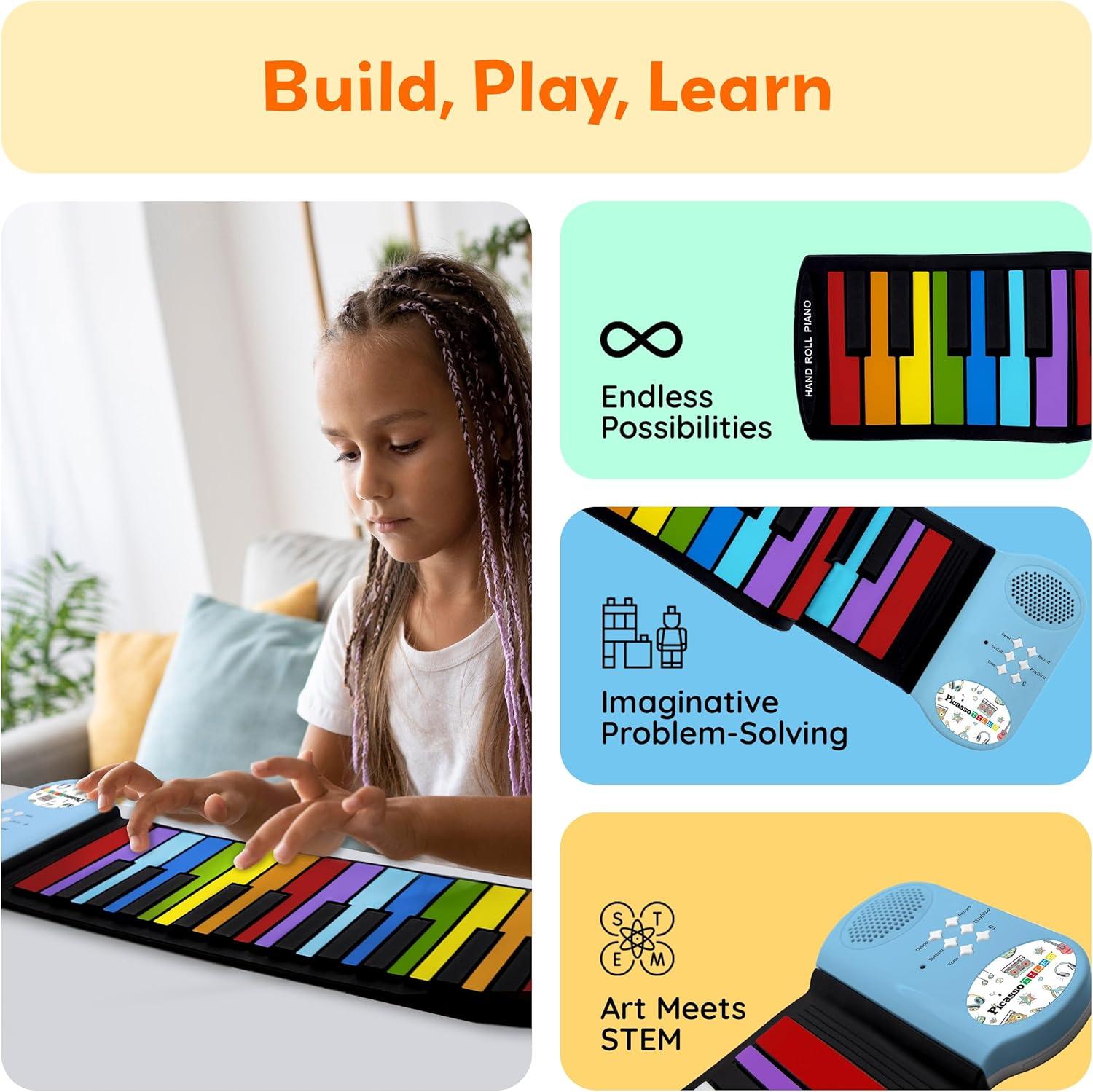 imagePicassoTiles Electronic Piano 49Key Flexible RollUp Keyboard with Recording Feature 8 Tones 6 Demo Songs Builtin Speaker Educational Music Toy for Kids Toddlers Boys Girls Rainbow Color Design PT4949Key