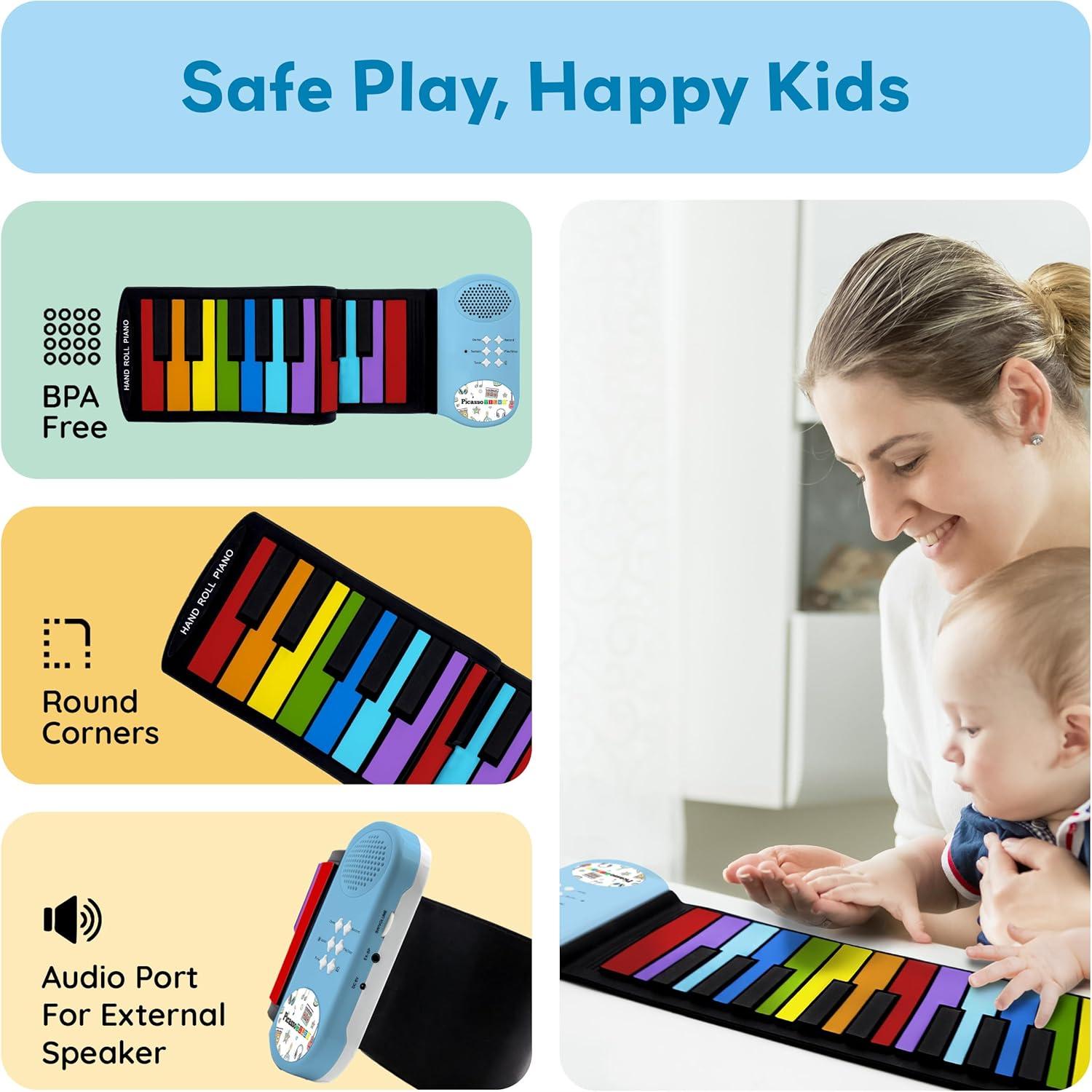 imagePicassoTiles Electronic Piano 49Key Flexible RollUp Keyboard with Recording Feature 8 Tones 6 Demo Songs Builtin Speaker Educational Music Toy for Kids Toddlers Boys Girls Rainbow Color Design PT4949Key
