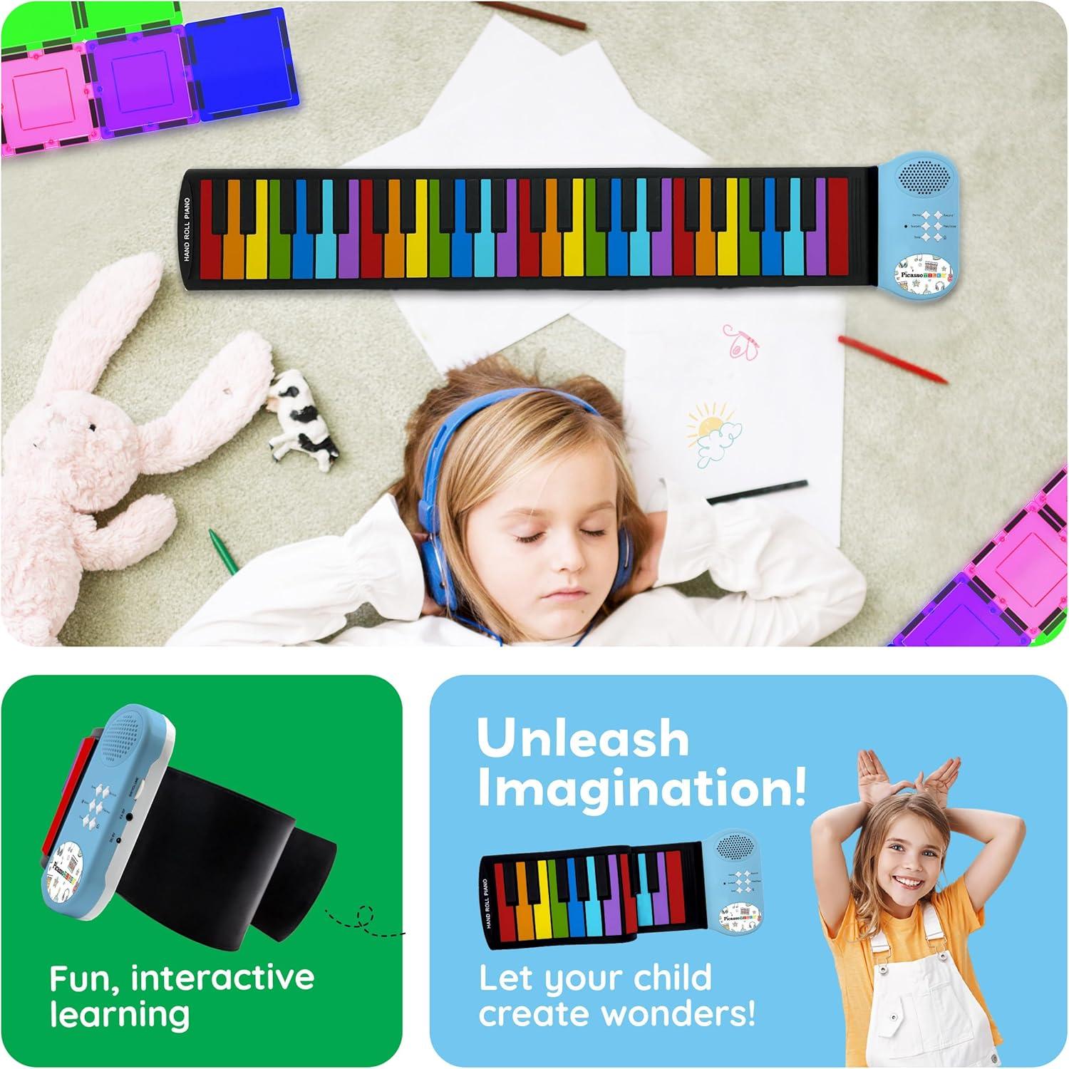 imagePicassoTiles Electronic Piano 49Key Flexible RollUp Keyboard with Recording Feature 8 Tones 6 Demo Songs Builtin Speaker Educational Music Toy for Kids Toddlers Boys Girls Rainbow Color Design PT4949Key