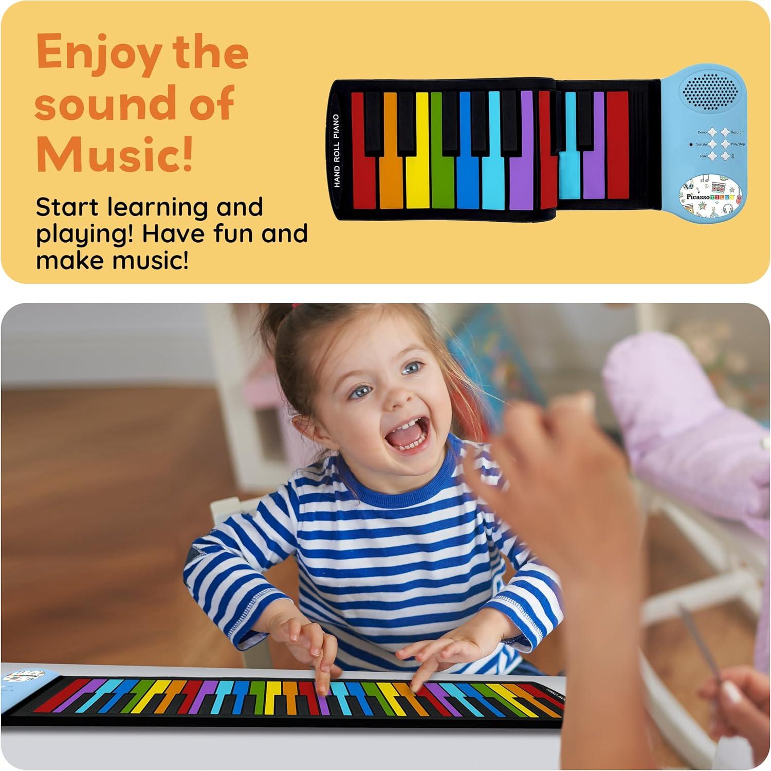 imagePicassoTiles Electronic Piano 49Key Flexible RollUp Keyboard with Recording Feature 8 Tones 6 Demo Songs Builtin Speaker Educational Music Toy for Kids Toddlers Boys Girls Rainbow Color Design PT4949Key