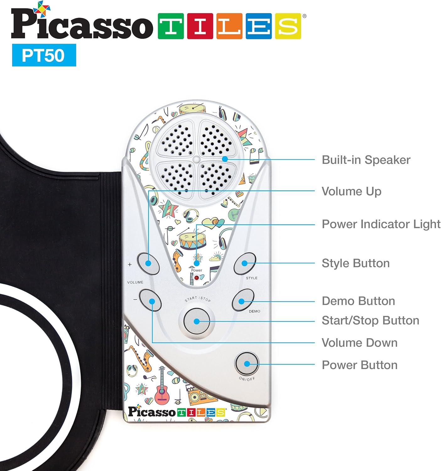 imagePicassoTiles Electronic Piano 49Key Flexible RollUp Keyboard with Recording Feature 8 Tones 6 Demo Songs Builtin Speaker Educational Music Toy for Kids Toddlers Boys Girls Rainbow Color Design PT49PT50BLUWHT