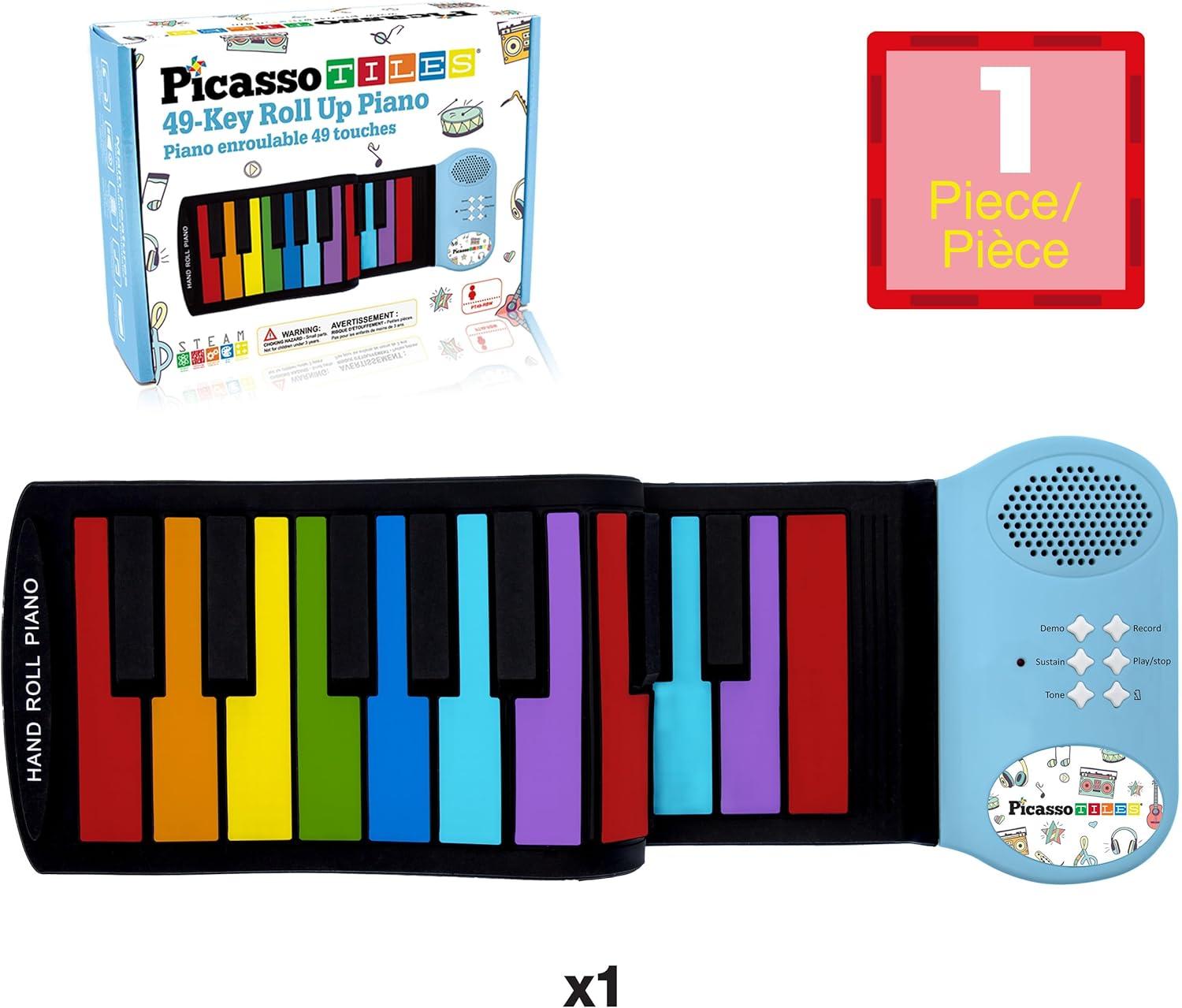 imagePicassoTiles Electronic Piano 49Key Flexible RollUp Keyboard with Recording Feature 8 Tones 6 Demo Songs Builtin Speaker Educational Music Toy for Kids Toddlers Boys Girls Rainbow Color Design PT4949Key